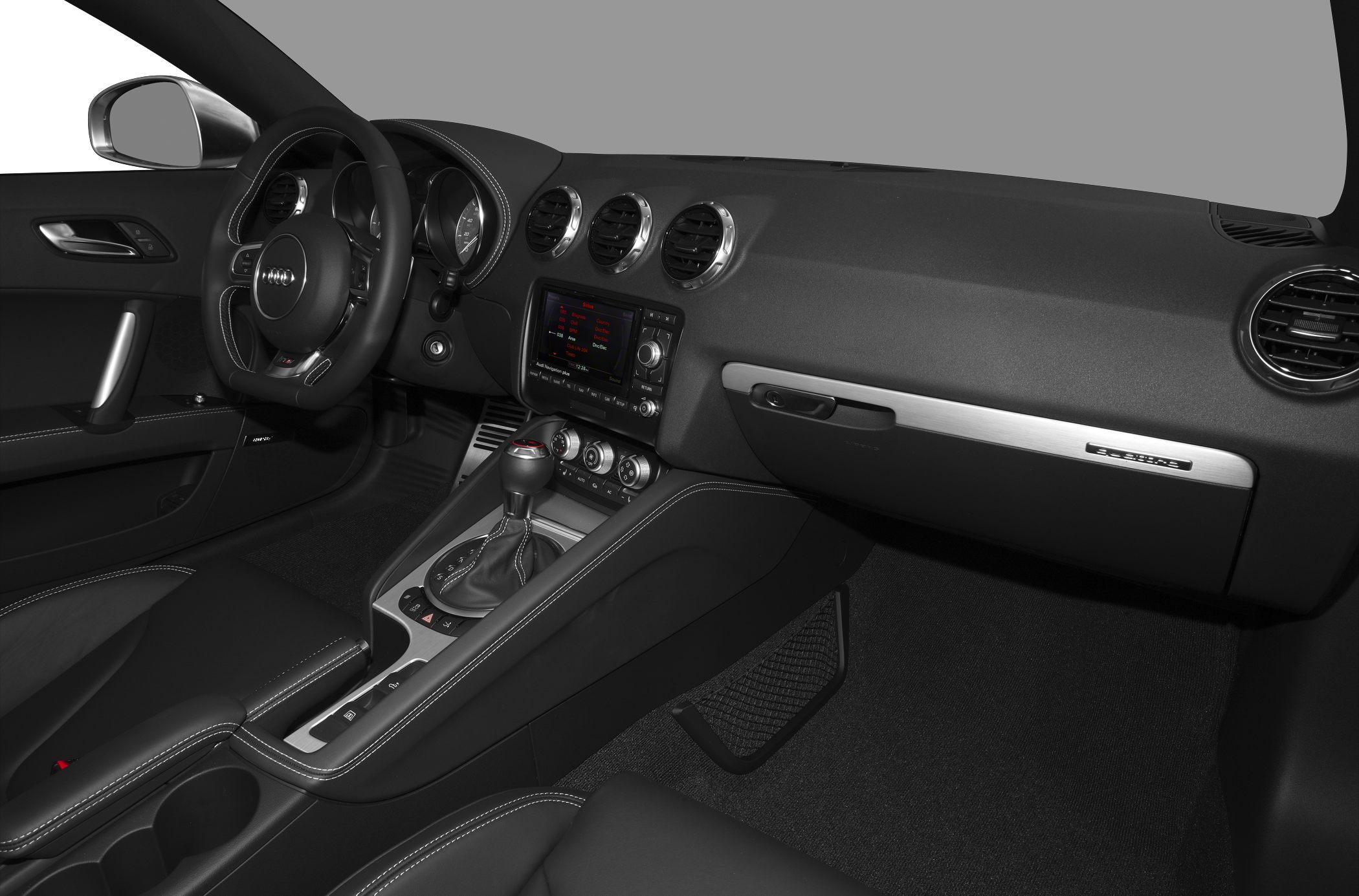 Interior dashboard with steering wheel and center console of a modern sports roadster