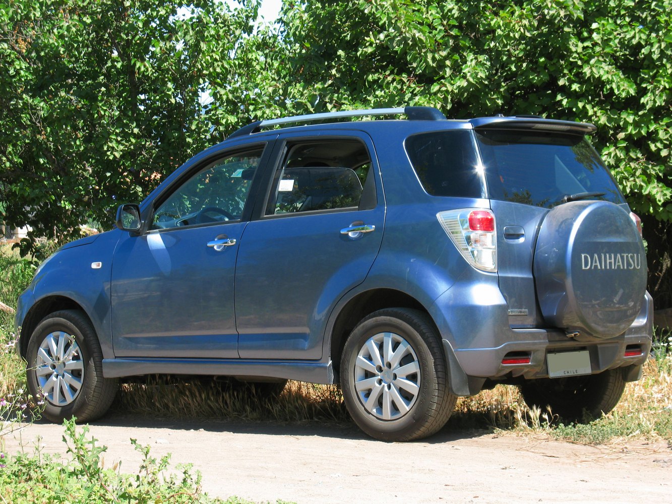 Rear side view of compact SUV with roof rails and rear spare wheel cover