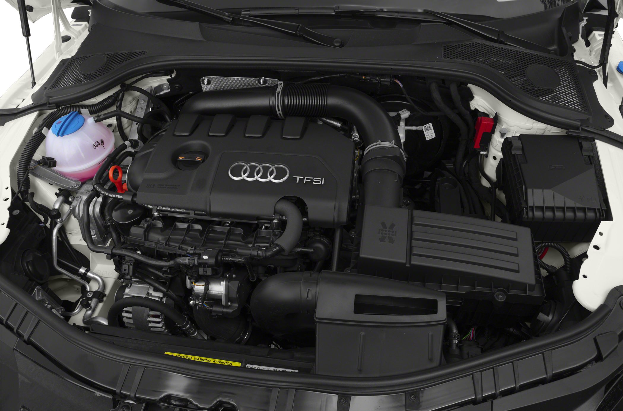 TFSI engine layout under hood with air intake system and fluid containers