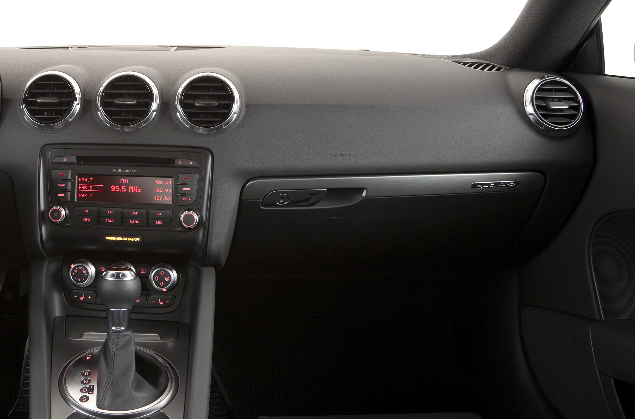 Dashboard with three central circular air vents, control panel, and gear shifter