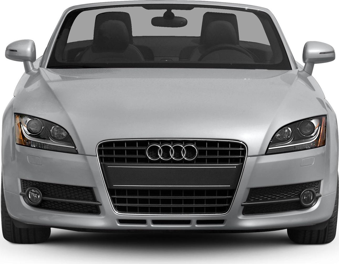 Front view with grille, headlights, fog lights, and side mirrors of a convertible