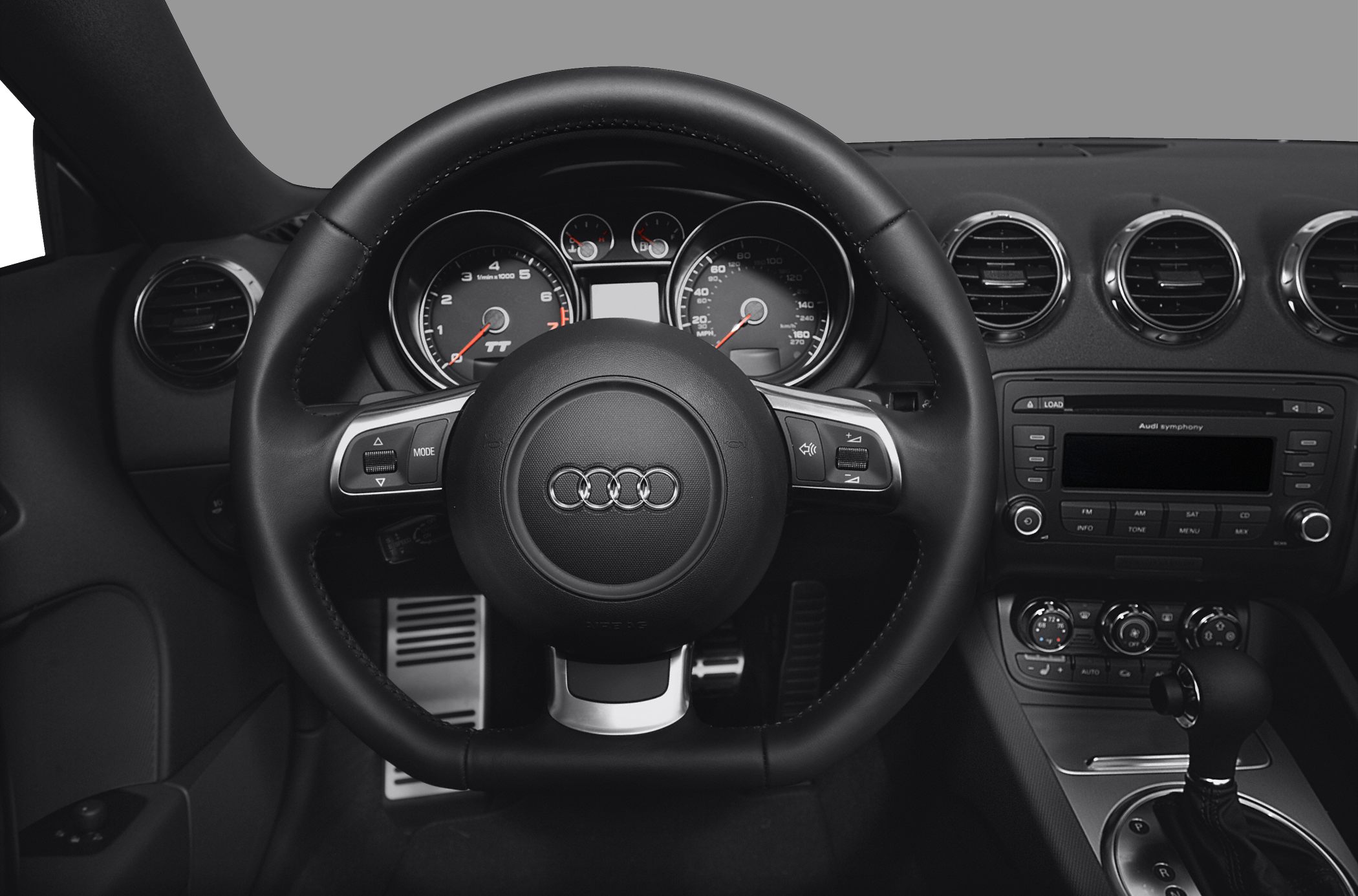 Steering wheel, instrument cluster, and dashboard vents