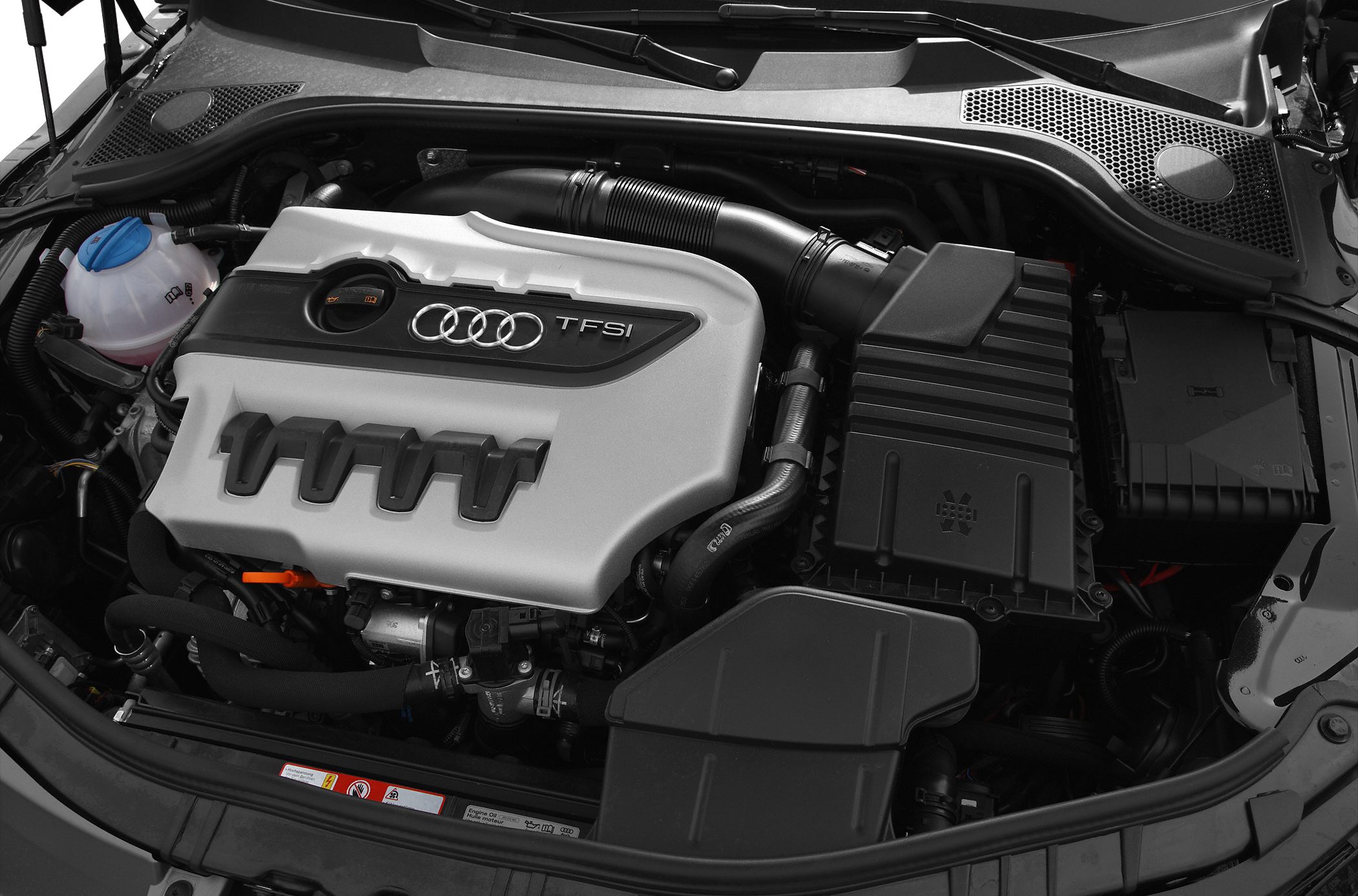Close-up of TFSI engine cover and components in engine bay