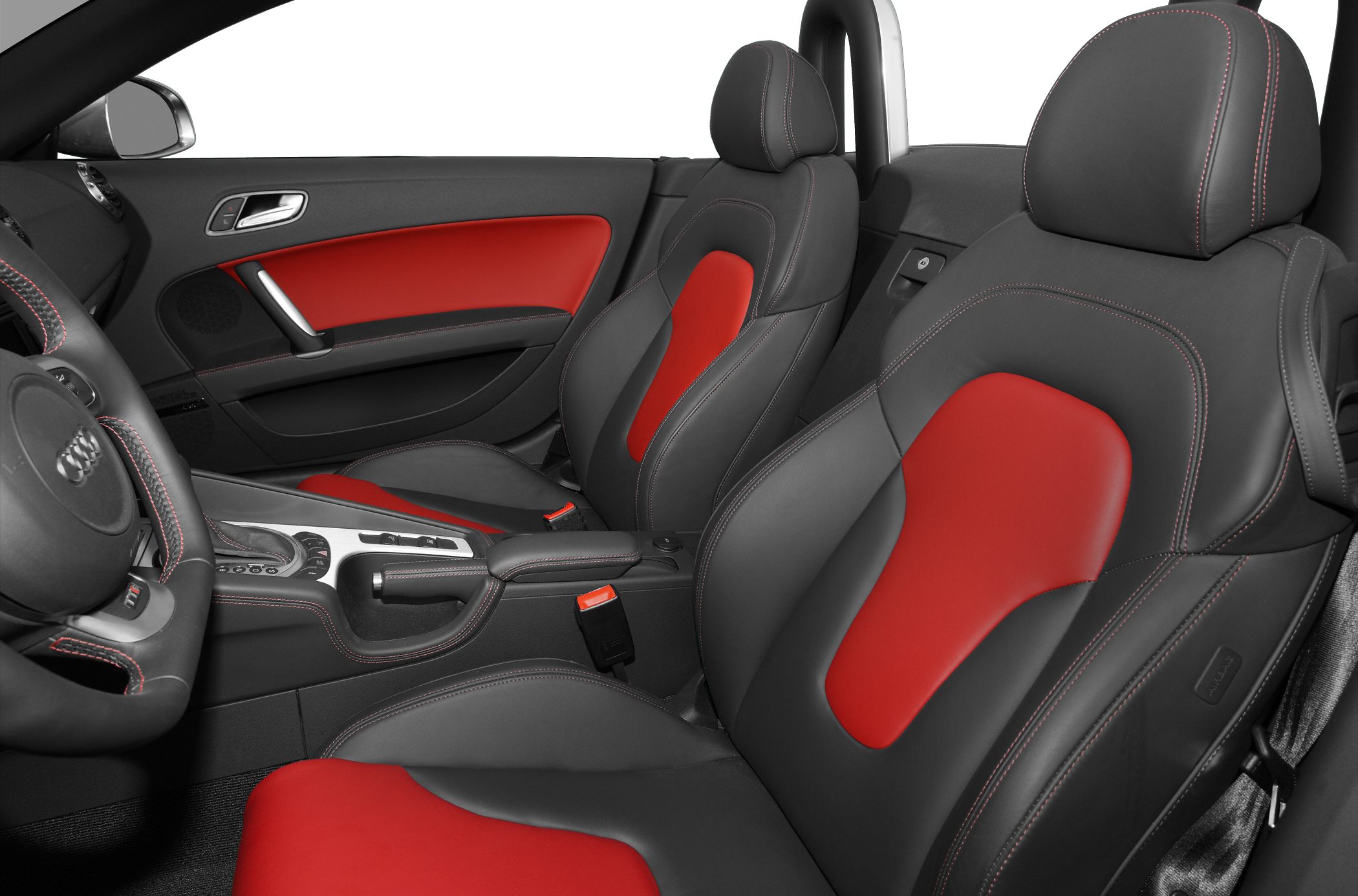 Red and black two-tone sport seats with detailed stitching