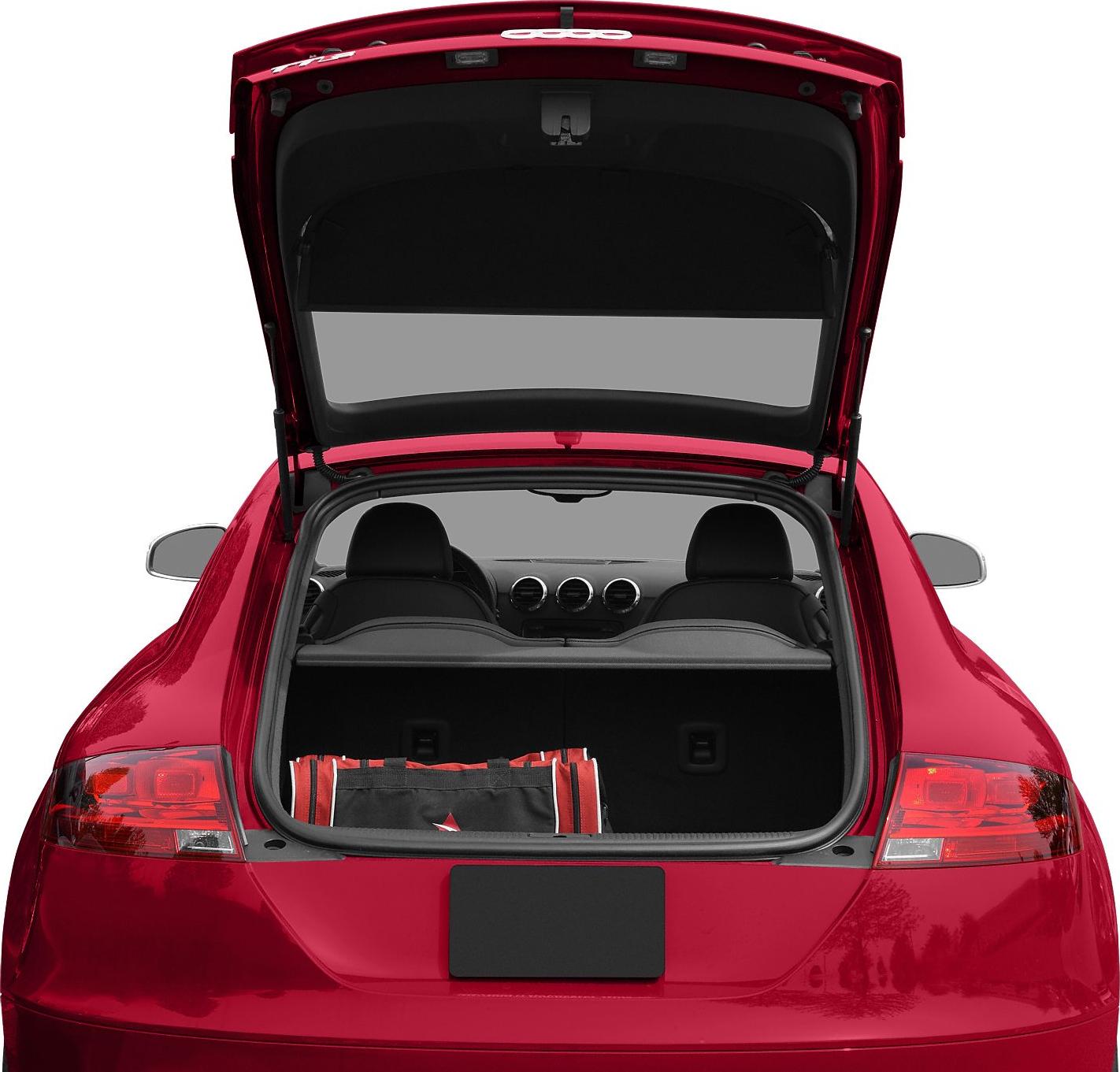 Rear hatch open showing trunk and interior seats of sporty coupe.