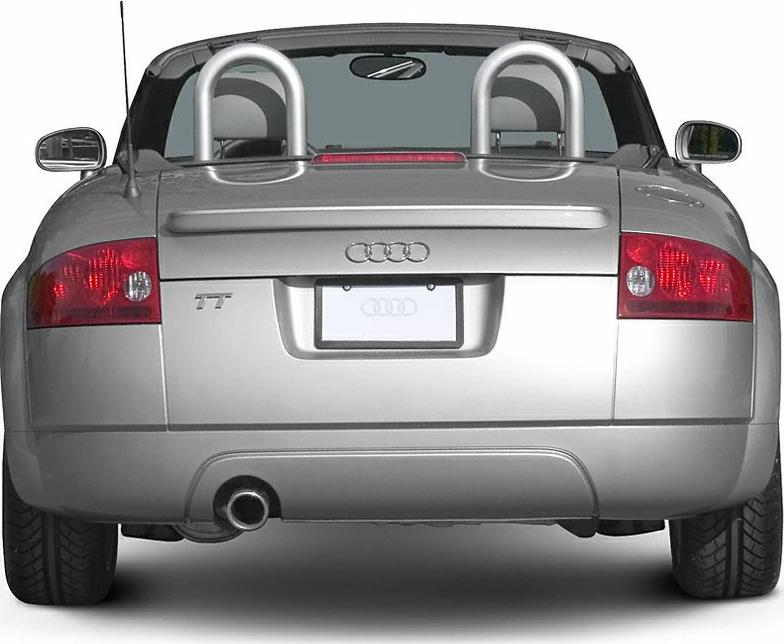 Rear view with distinctive taillights, roll bars, and single exhaust pipe