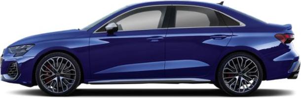Sleek hatchback side profile with alloy wheels in blue.
