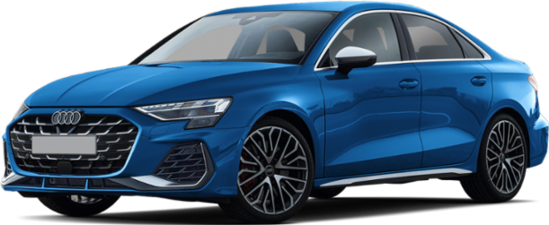 Front and side view of blue sportback with angular grille and alloy wheels