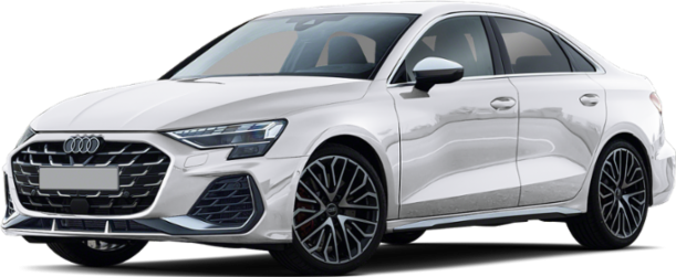 Front-side white Audi S3 Sportback with LED headlights and sporty grille.