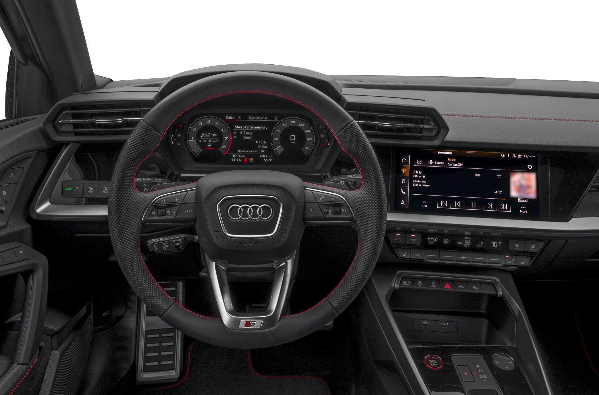 Sport steering wheel with red stitching and digital instrument cluster