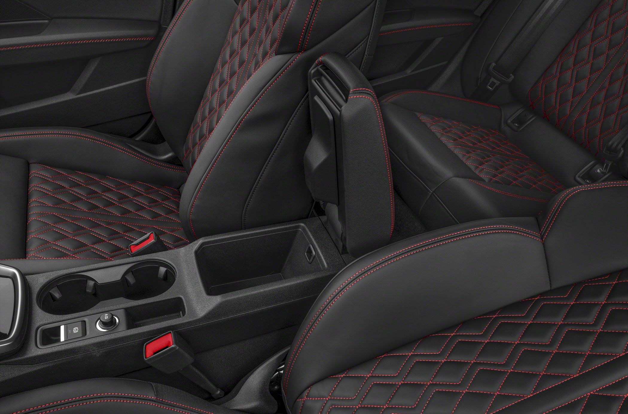 Black leather seats with red diamond stitching and center console with cup holders and armrest