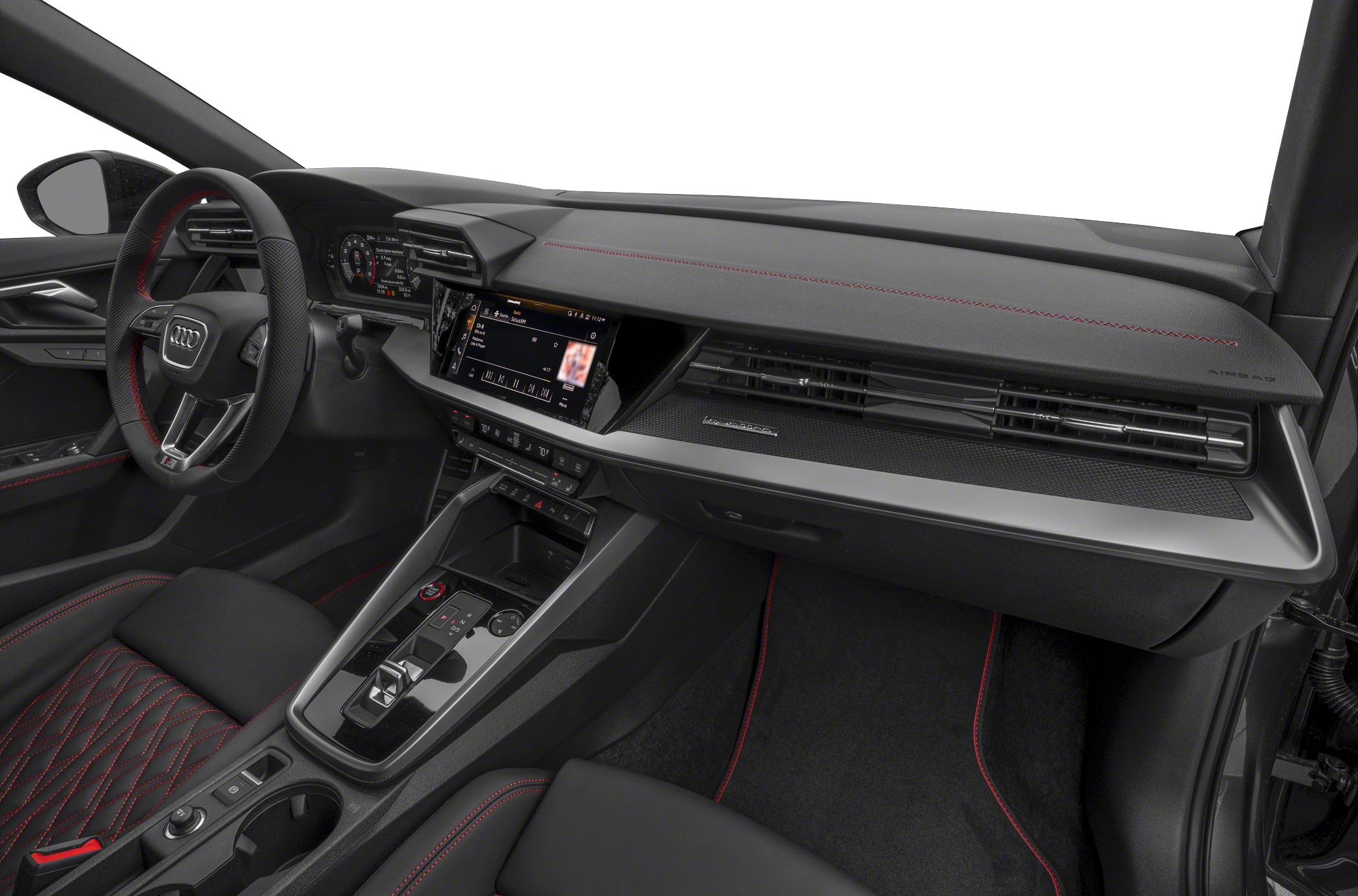 Digital cockpit, touchscreen console, red stitching on seats and dashboard