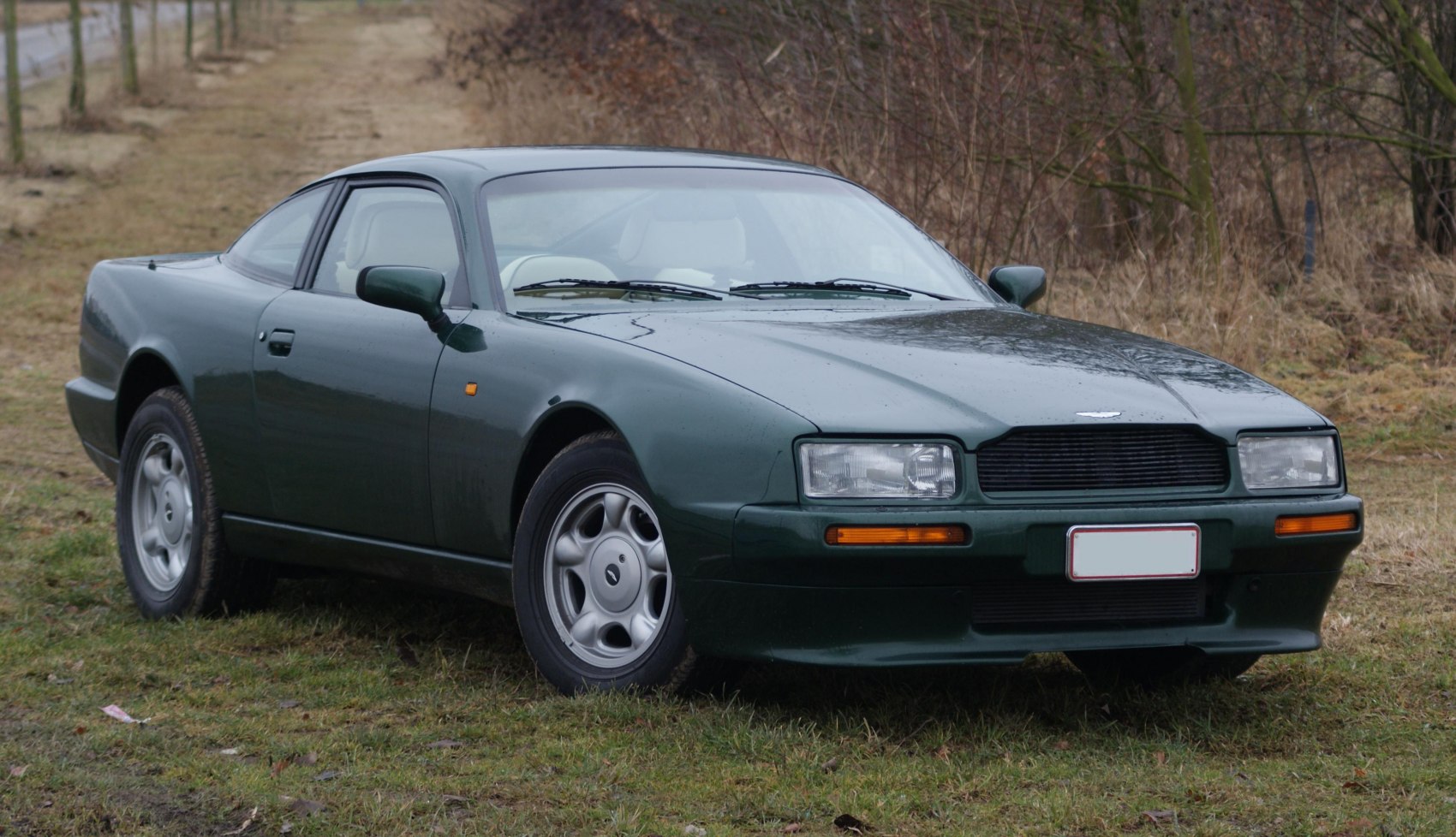 Front view of a classic coupe with rectangular headlights and alloy wheels