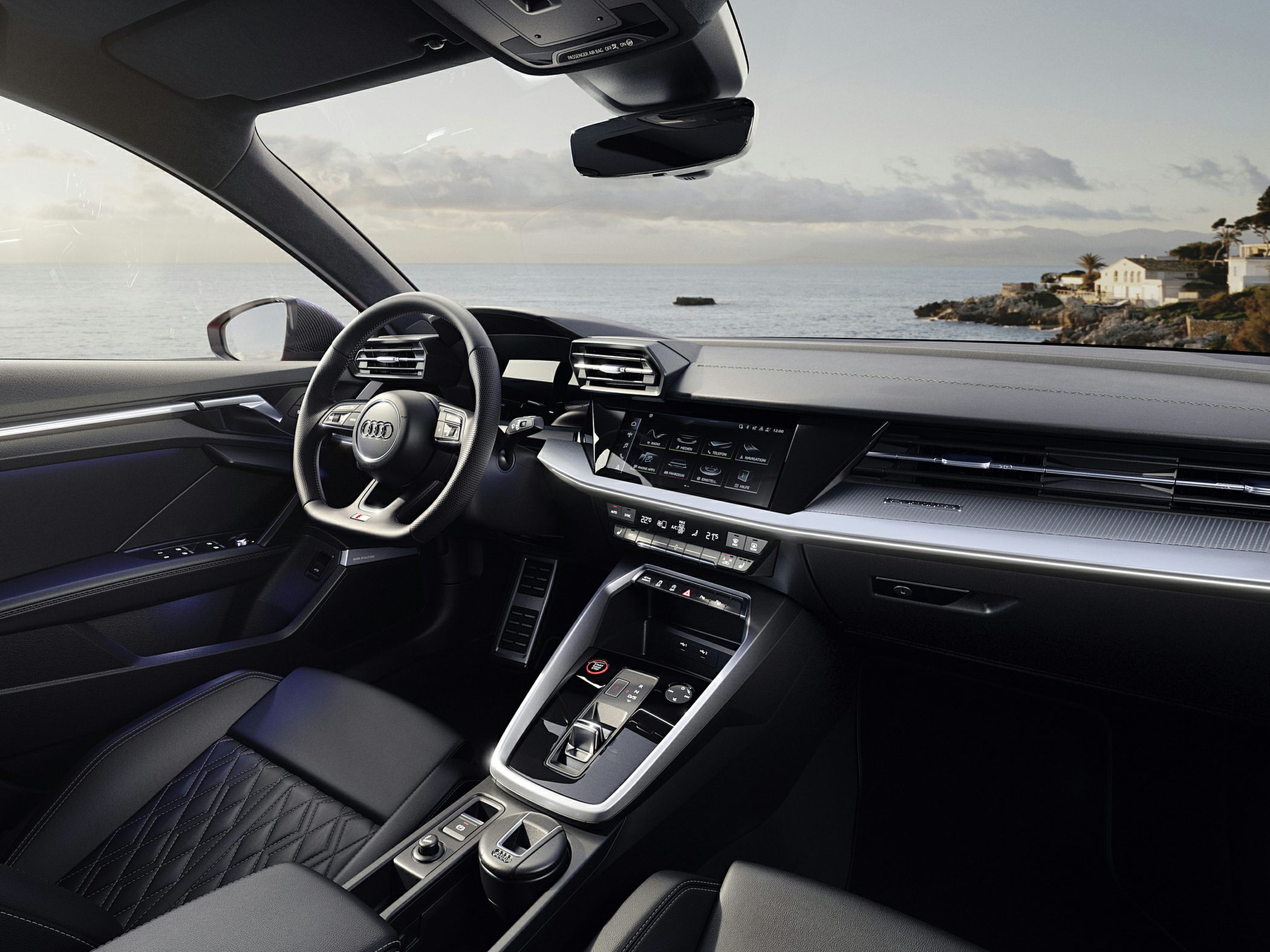 Modern luxury car interior with digital dashboard and multifunction steering wheel