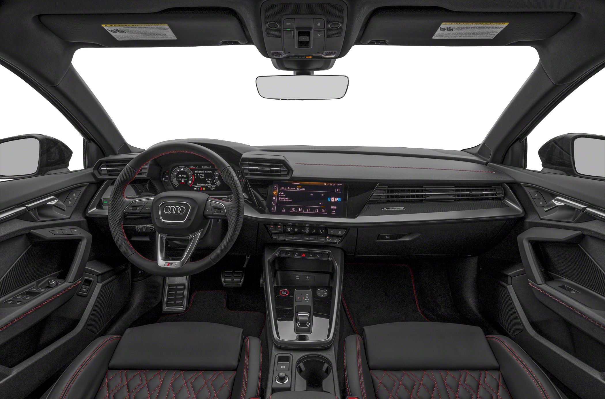 Modern car dashboard and sporty steering wheel with red stitching seats