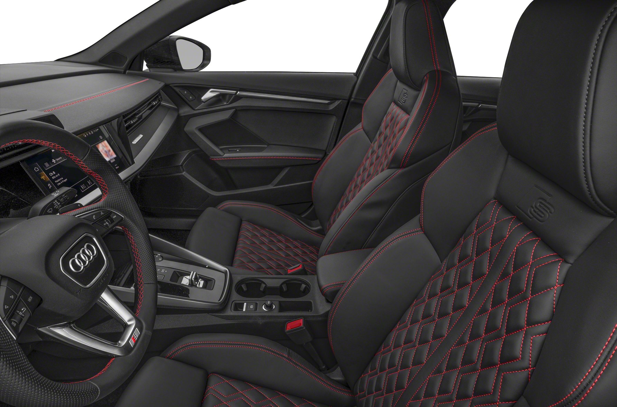Leather sport seats with diamond quilting and red contrast stitching.