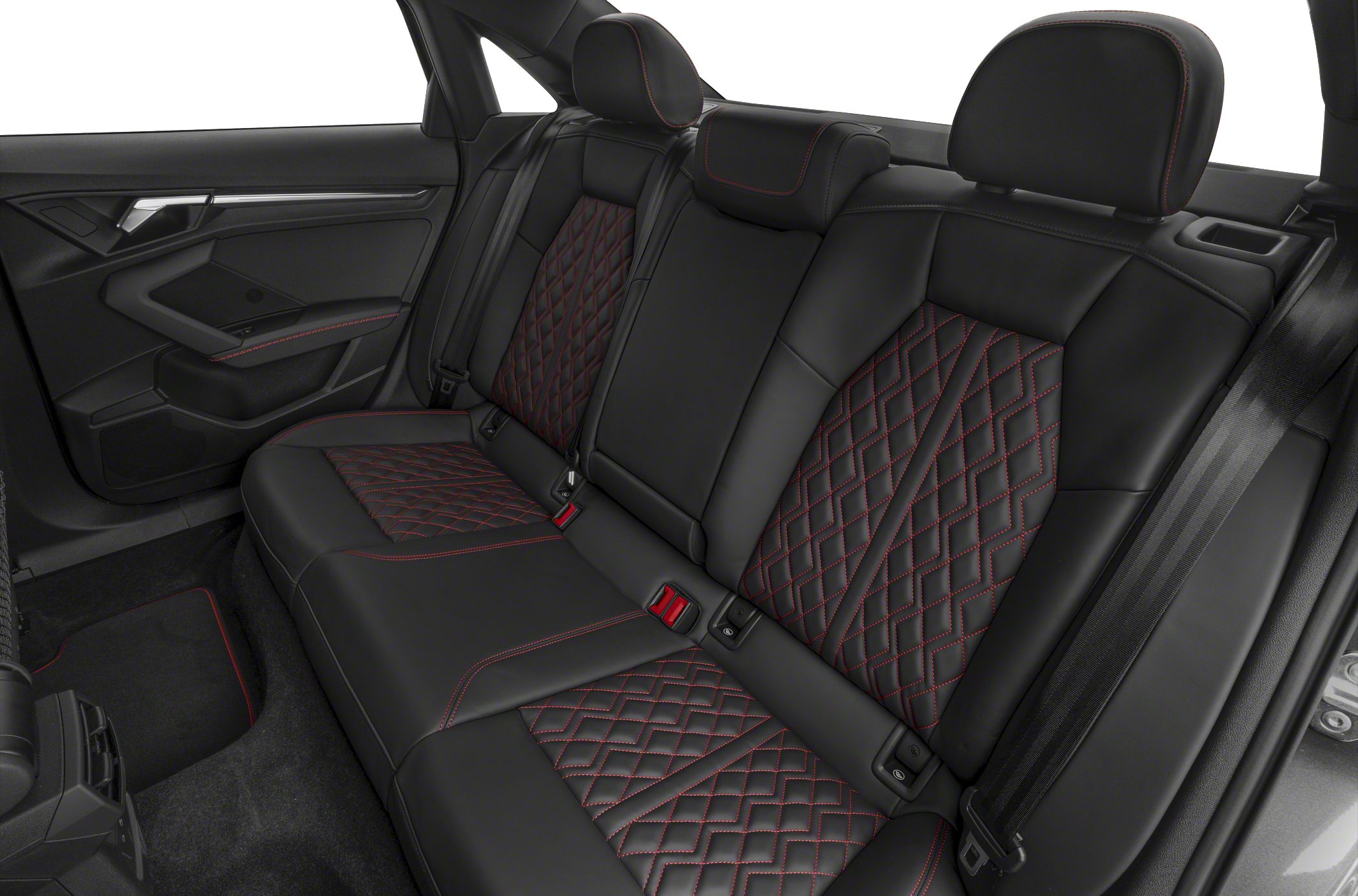Black leather rear seats with diamond quilting and red contrast stitching