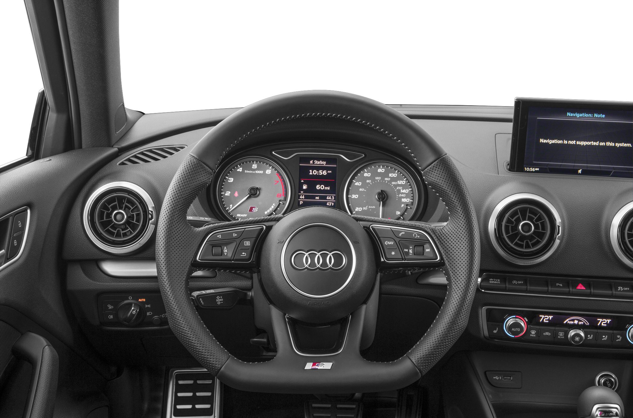 Sporty steering wheel and digital instrument cluster with central infotainment display