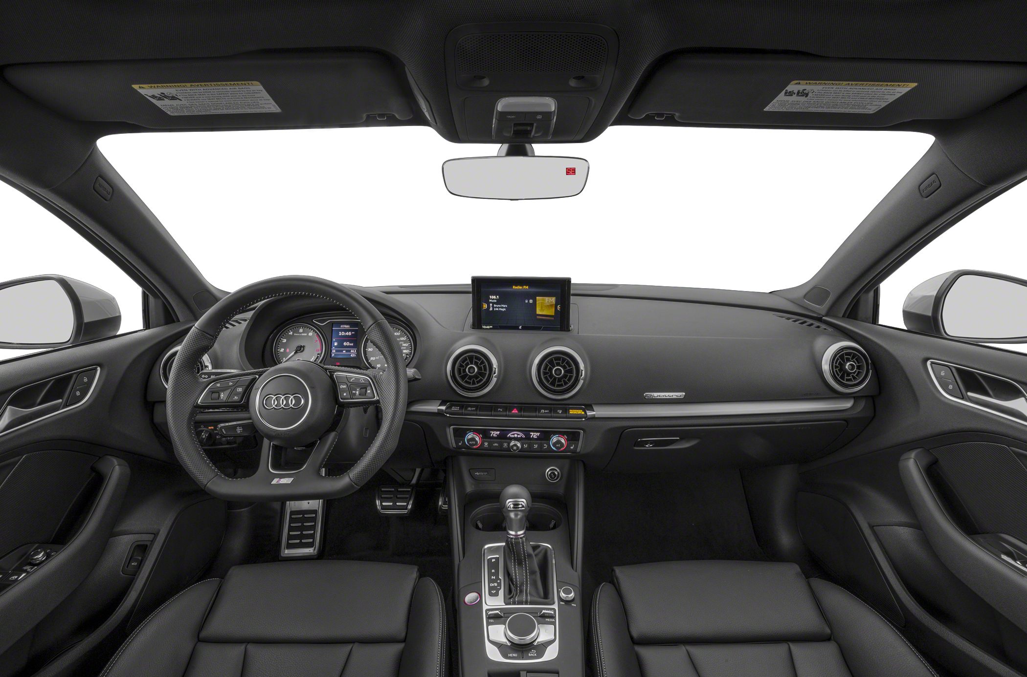 Sporty steering wheel and advanced center console in black interior