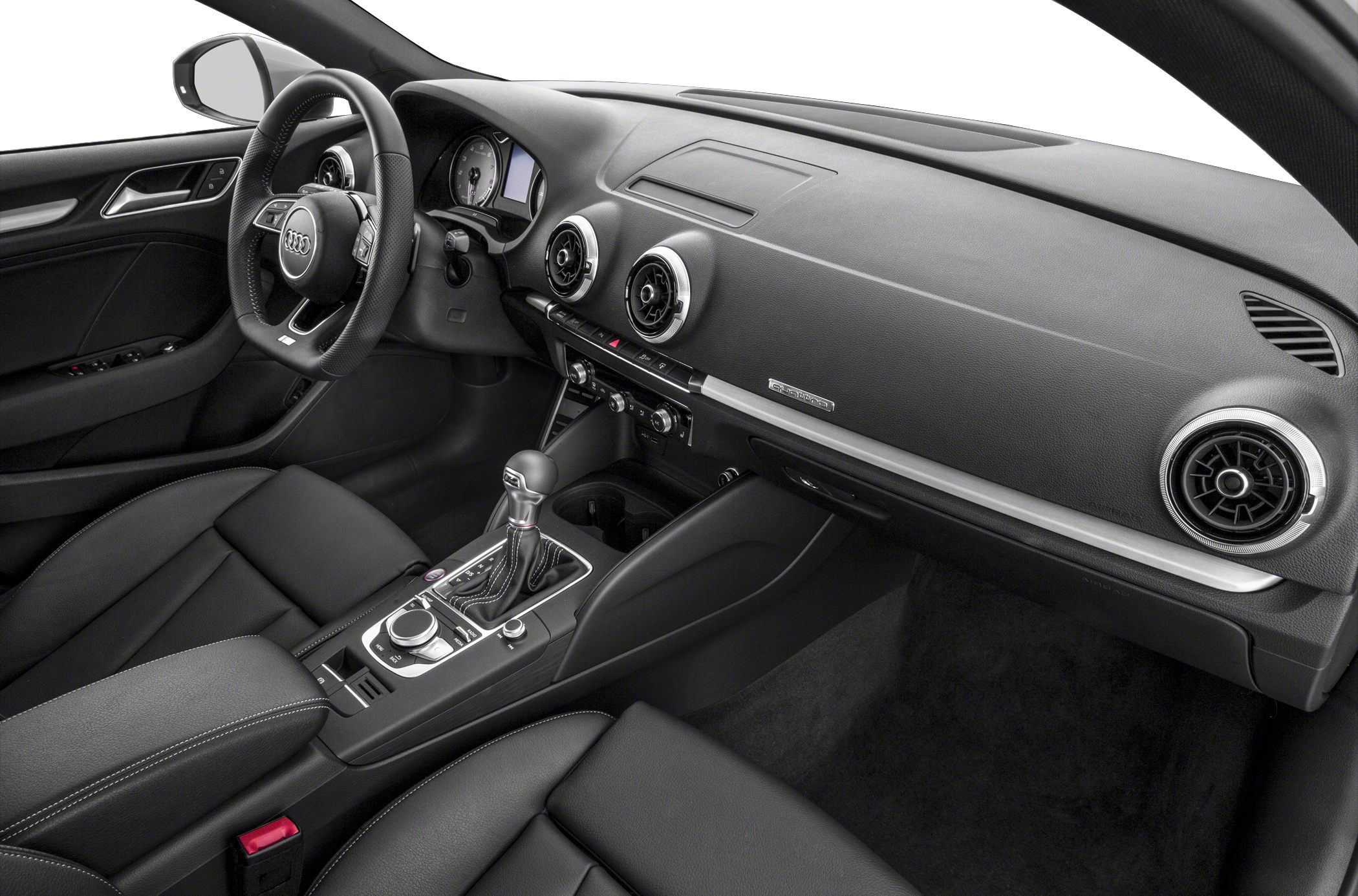 Modern dashboard and center console with steering wheel and gear shifter