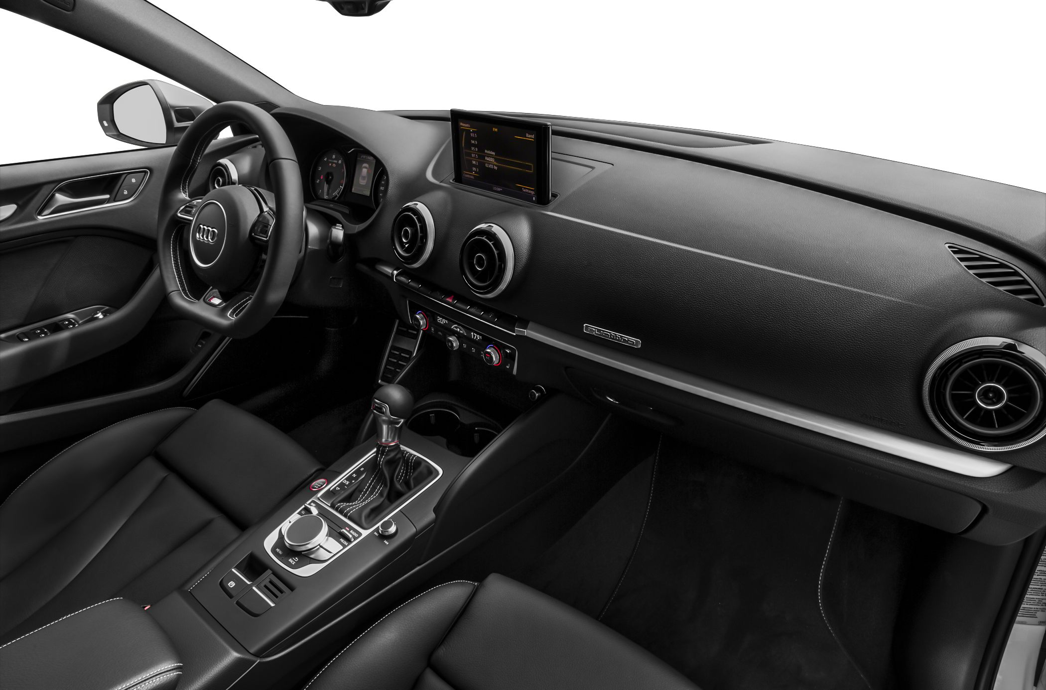 Audi S3 dashboard, steering wheel, and center console interior features