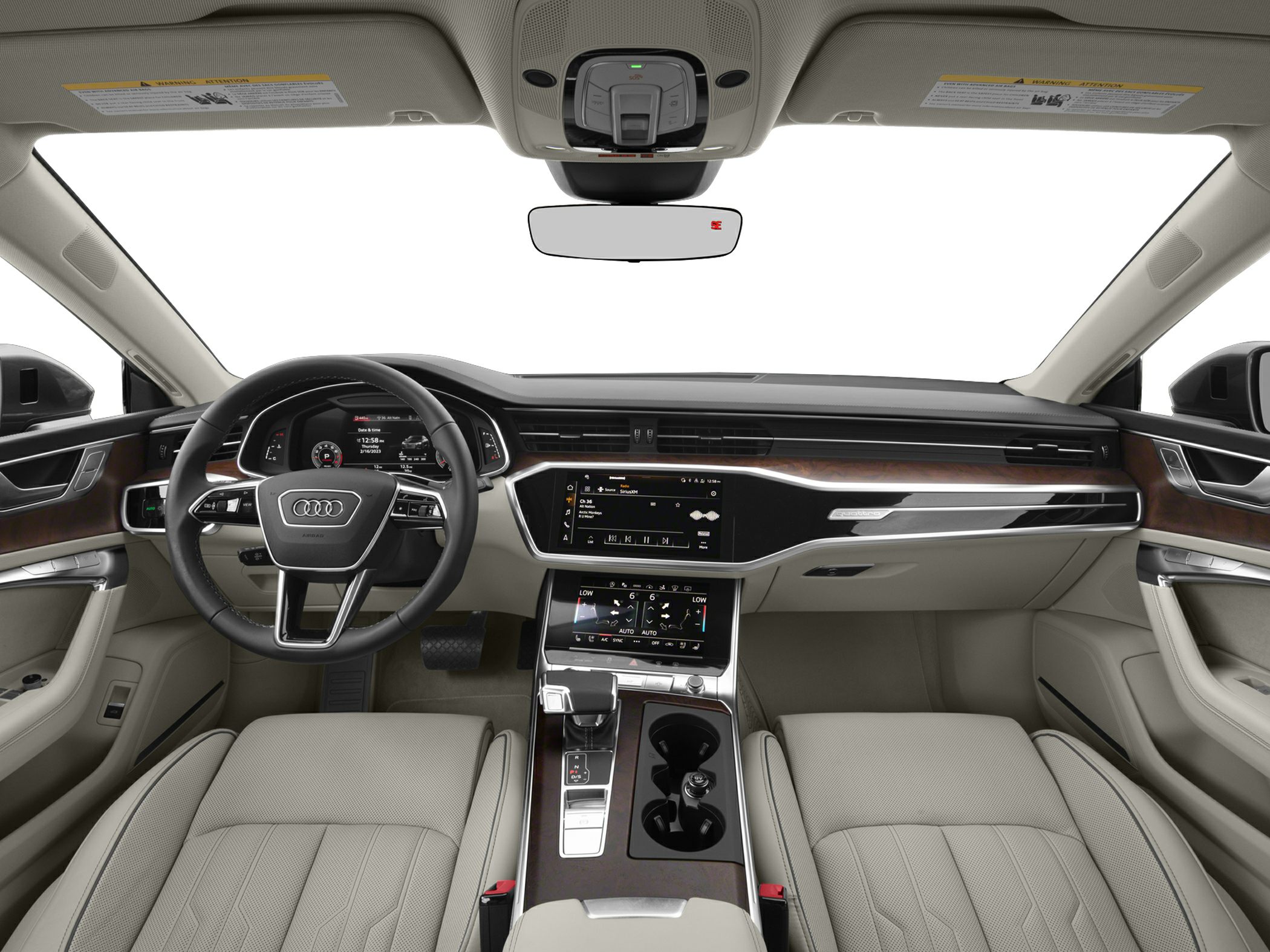 Luxurious dashboard and digital display with wood trim interior