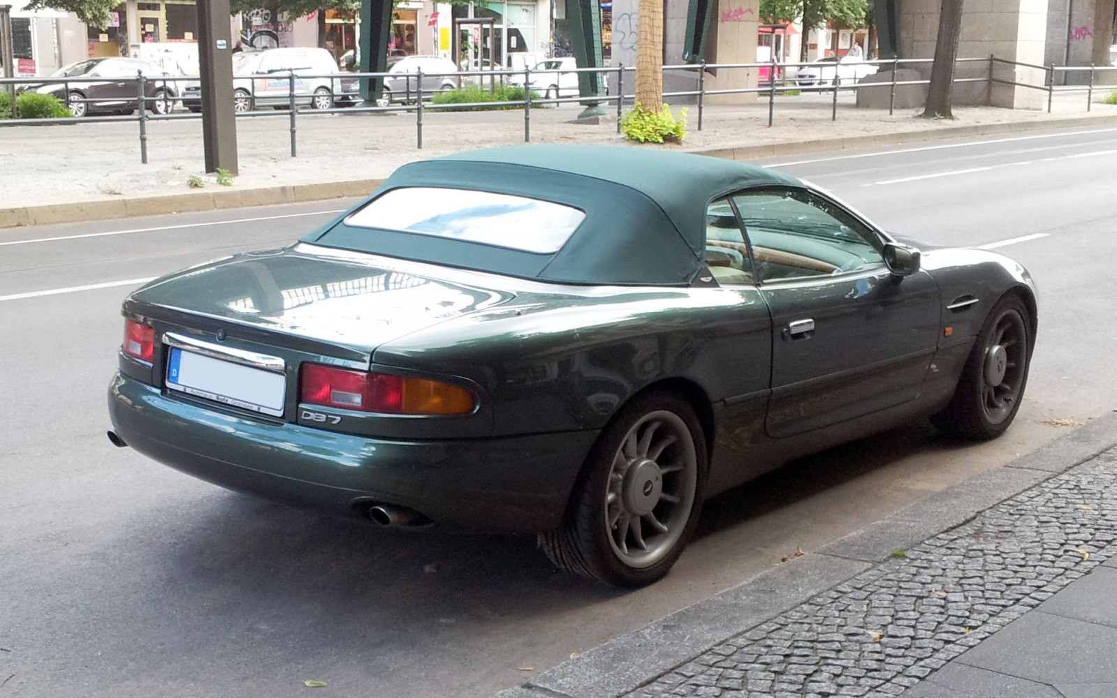 Rear view of a classic convertible with soft top and sporty design