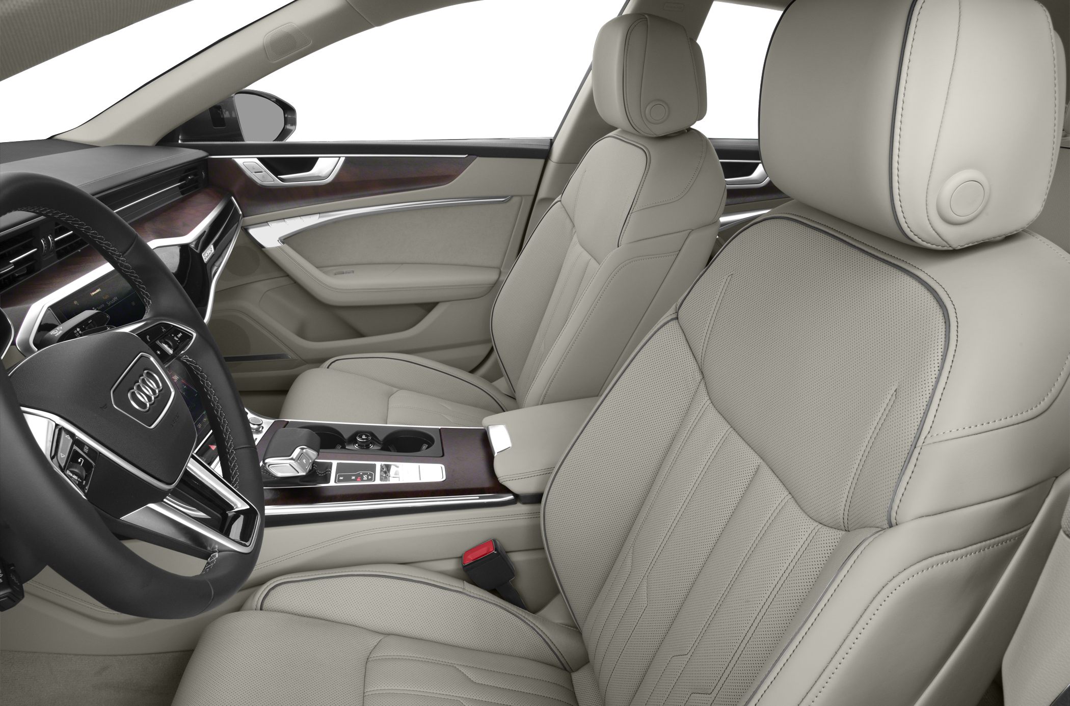 Leather seats and wood-trim dashboard in a luxury car interior