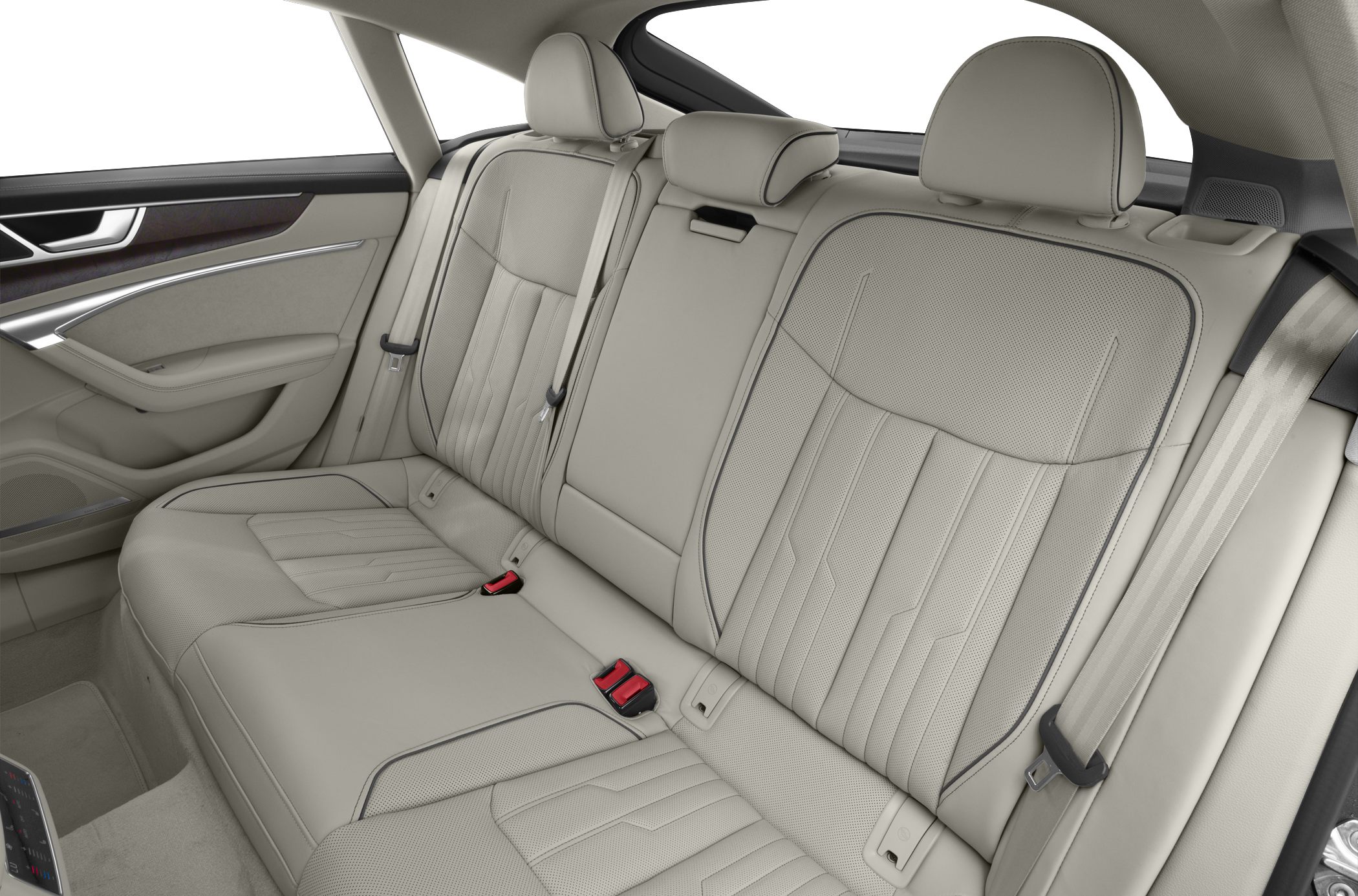 Luxurious leather rear seats with detailed stitching and integrated headrests.