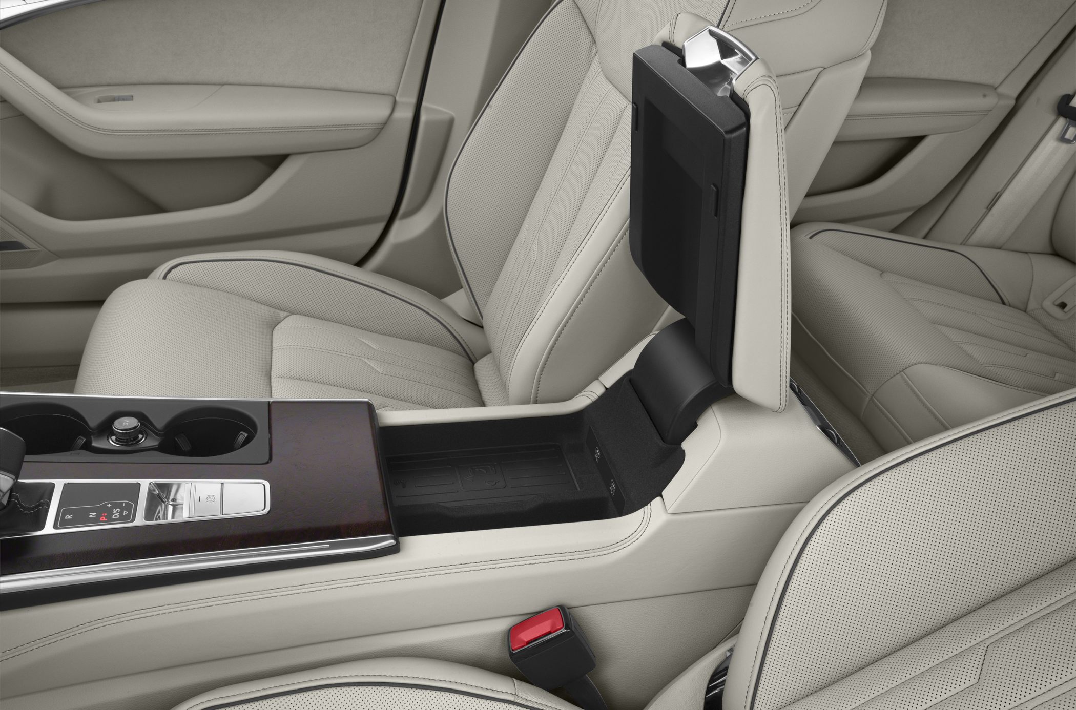 Beige leather interior with center console storage and control panel