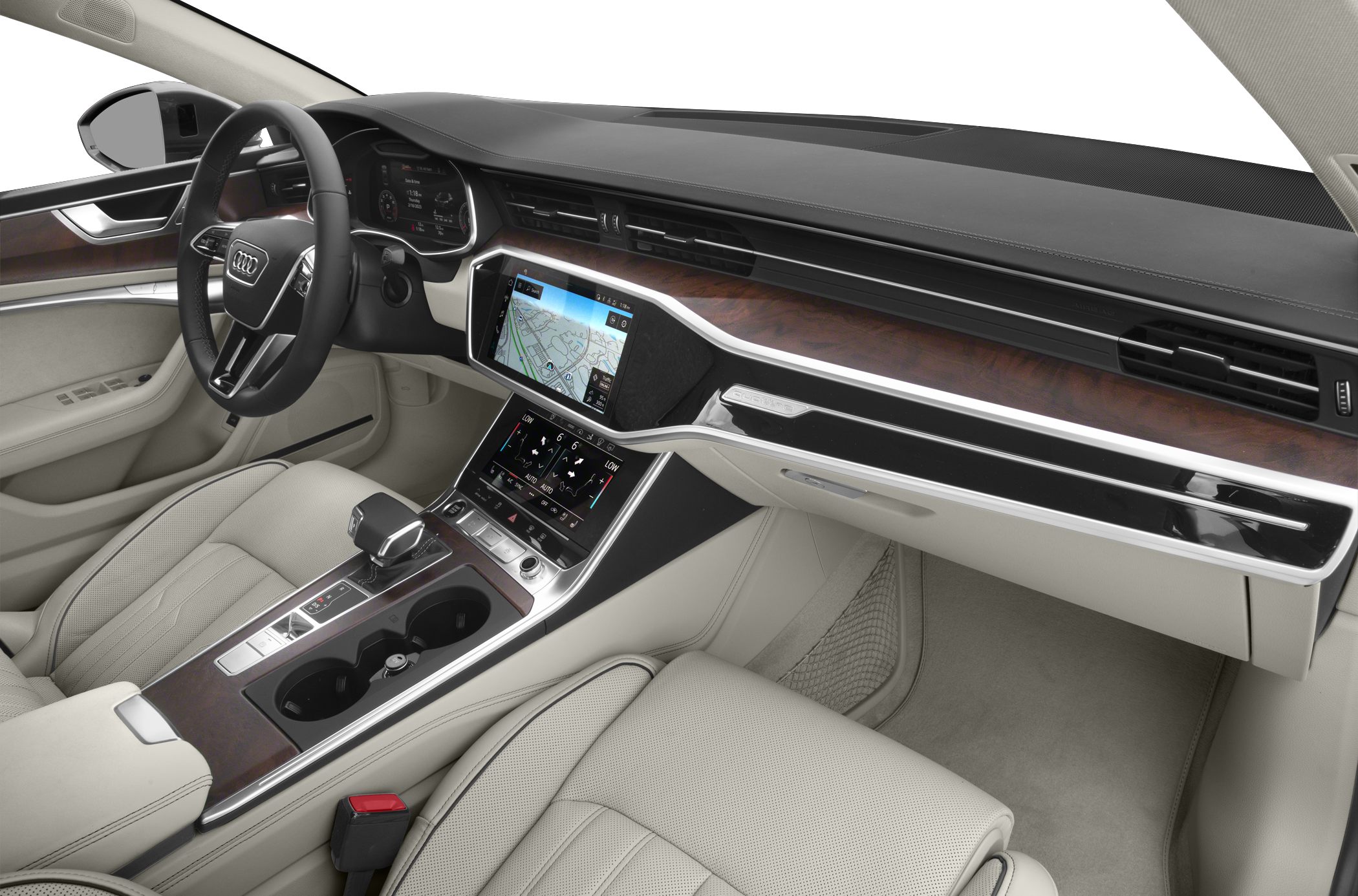 Luxury interior with digital cockpit, dual touchscreen displays, wood trim, and premium leather seats