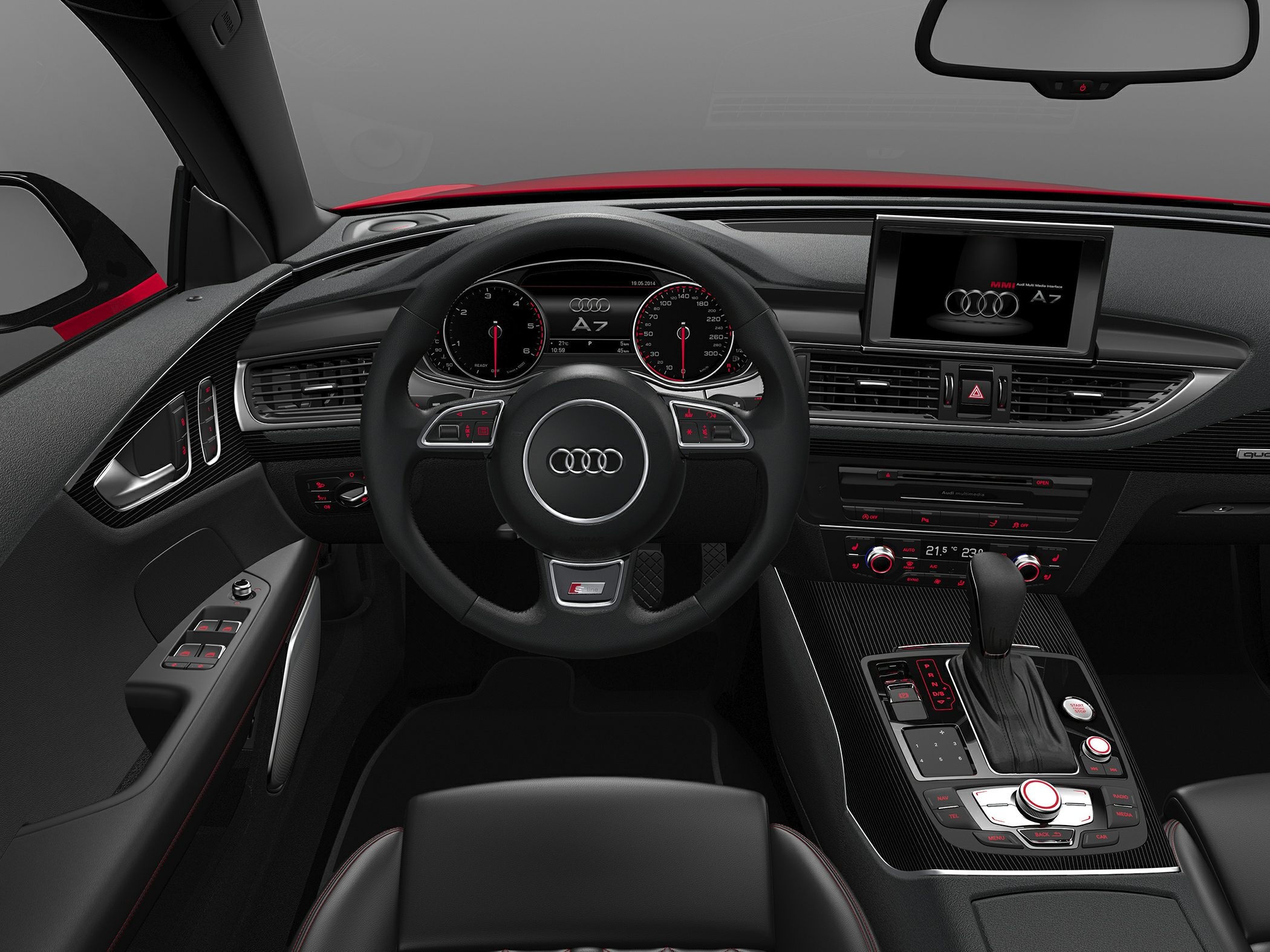 Dashboard and steering wheel with multimedia interface and carbon fiber trim