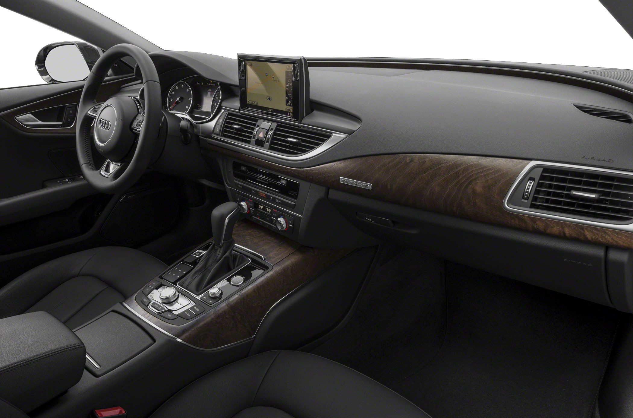 Luxury car interior with wood trim and pop-up navigation screen