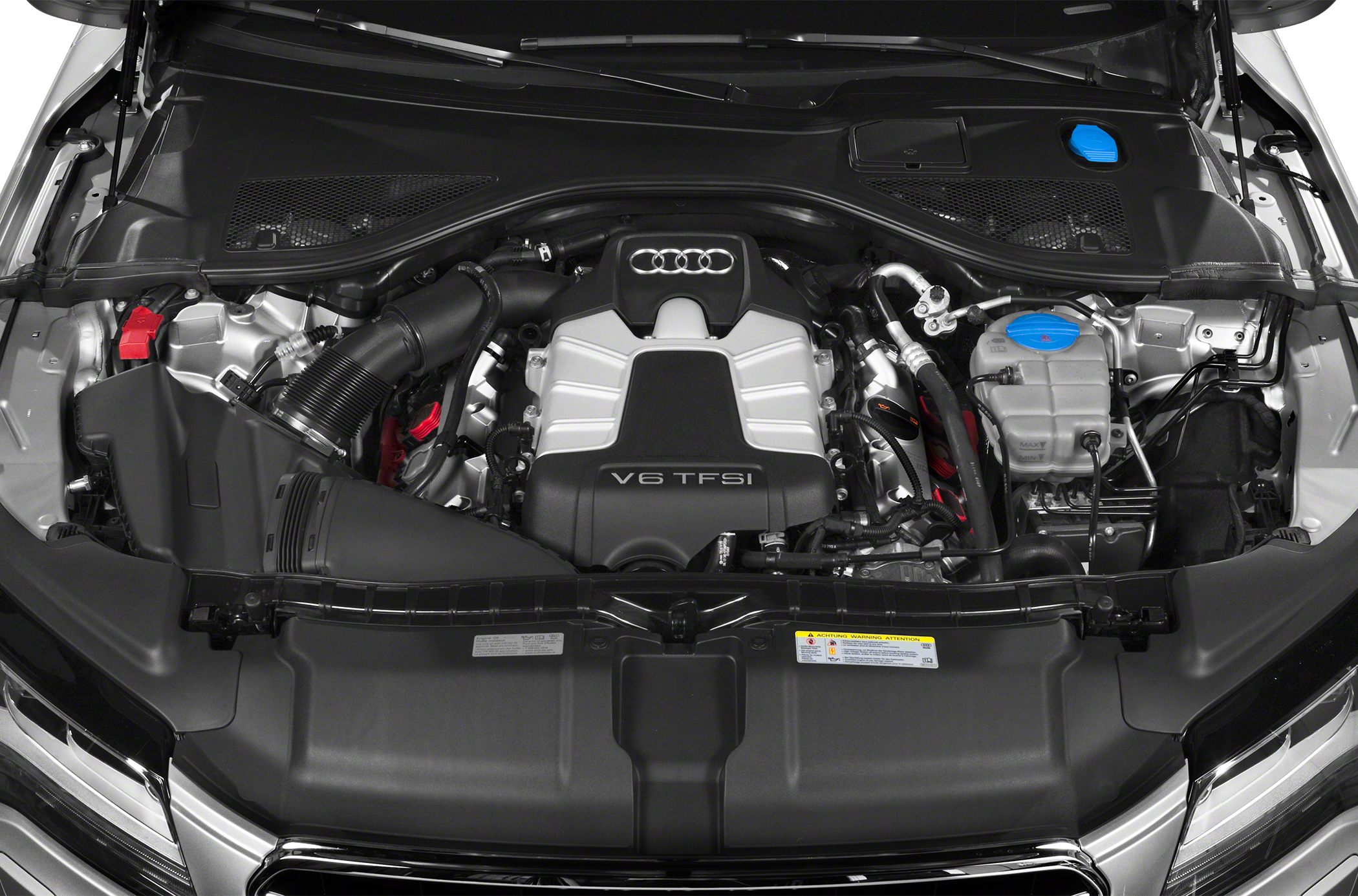V6 TFSI engine bay with visible coolant reservoir and air intake components