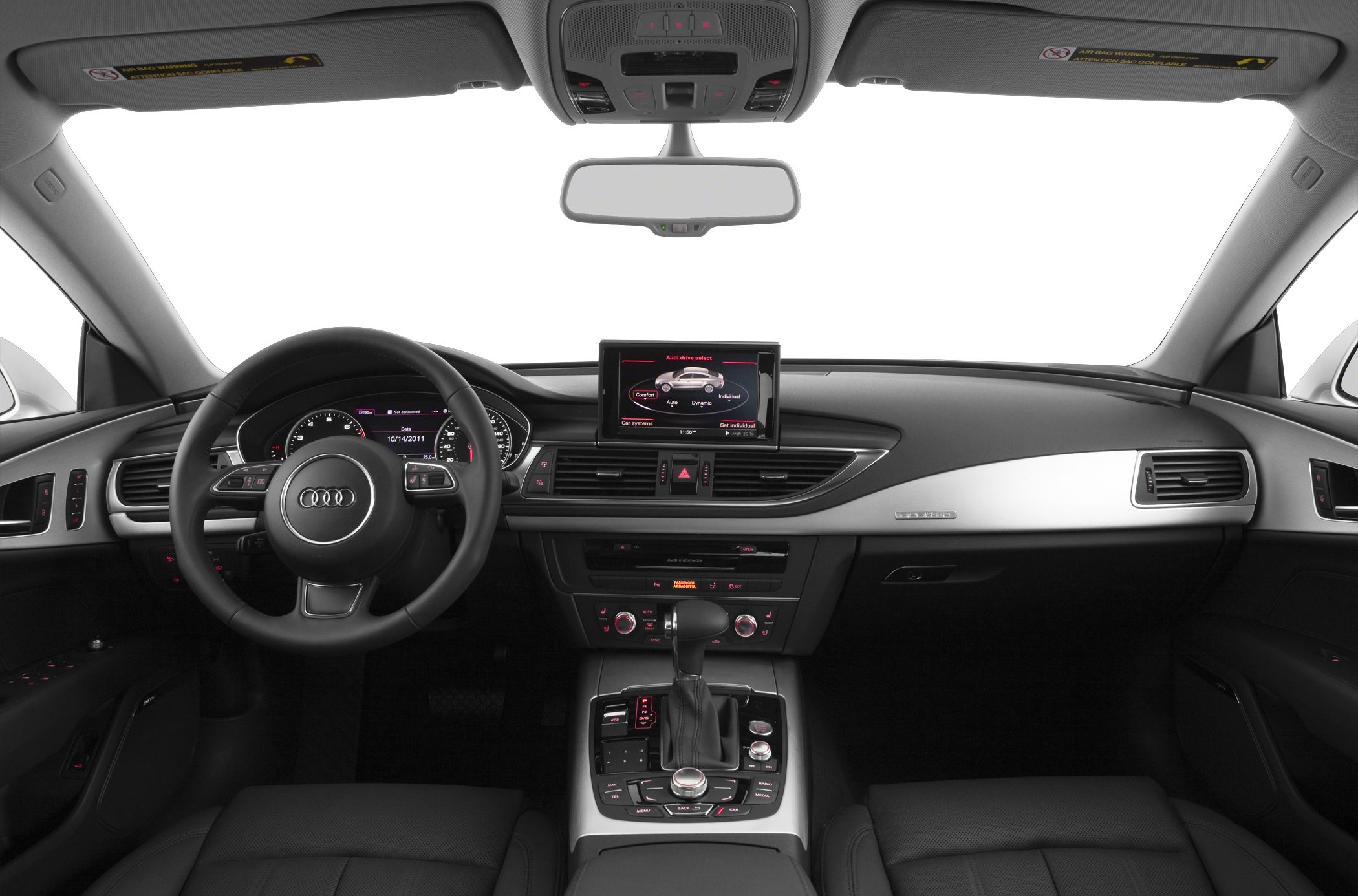 Dashboard and multimedia display overview with steering wheel and gearshift