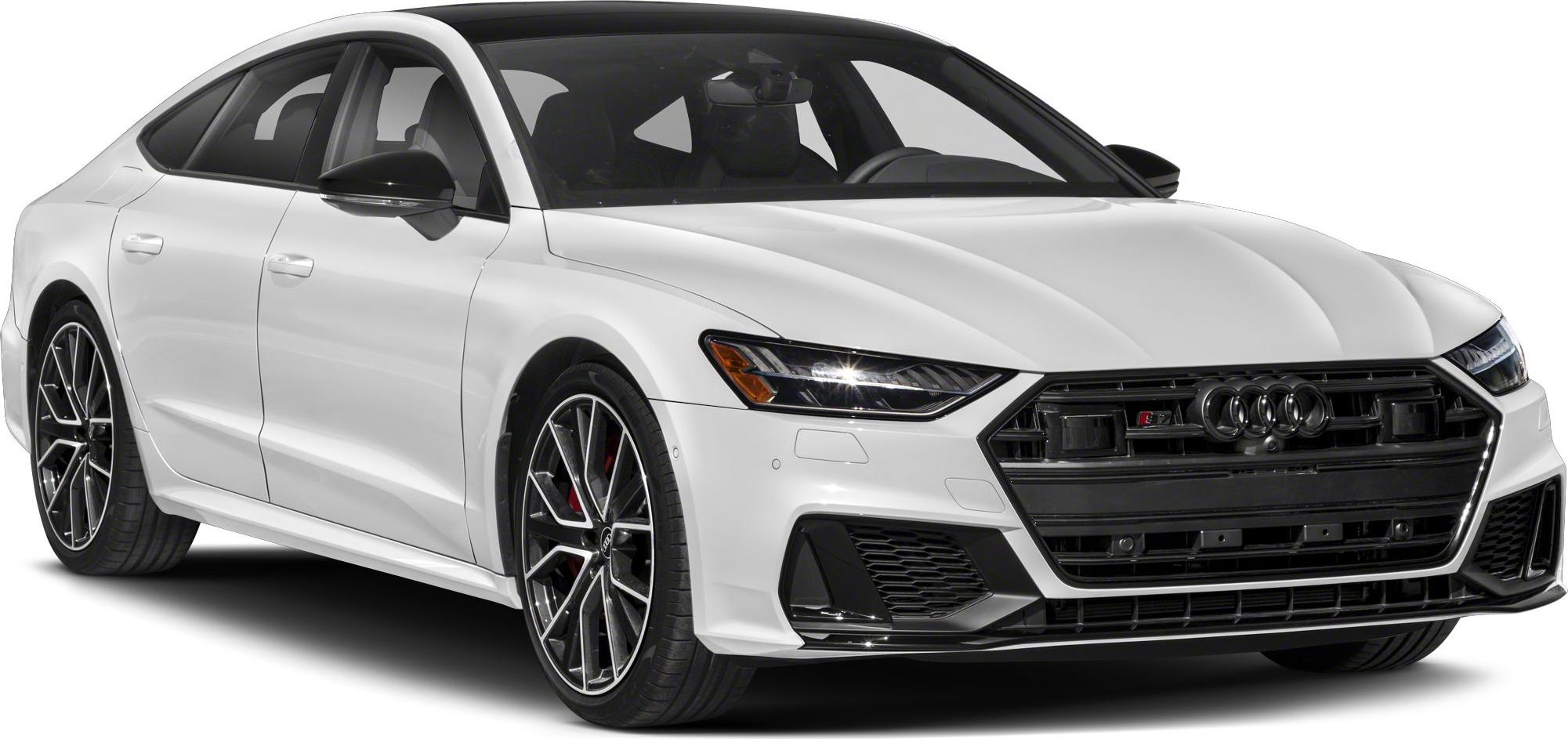 Front and side view of a white luxury sportback sedan with LED headlights and detailed alloy wheels
