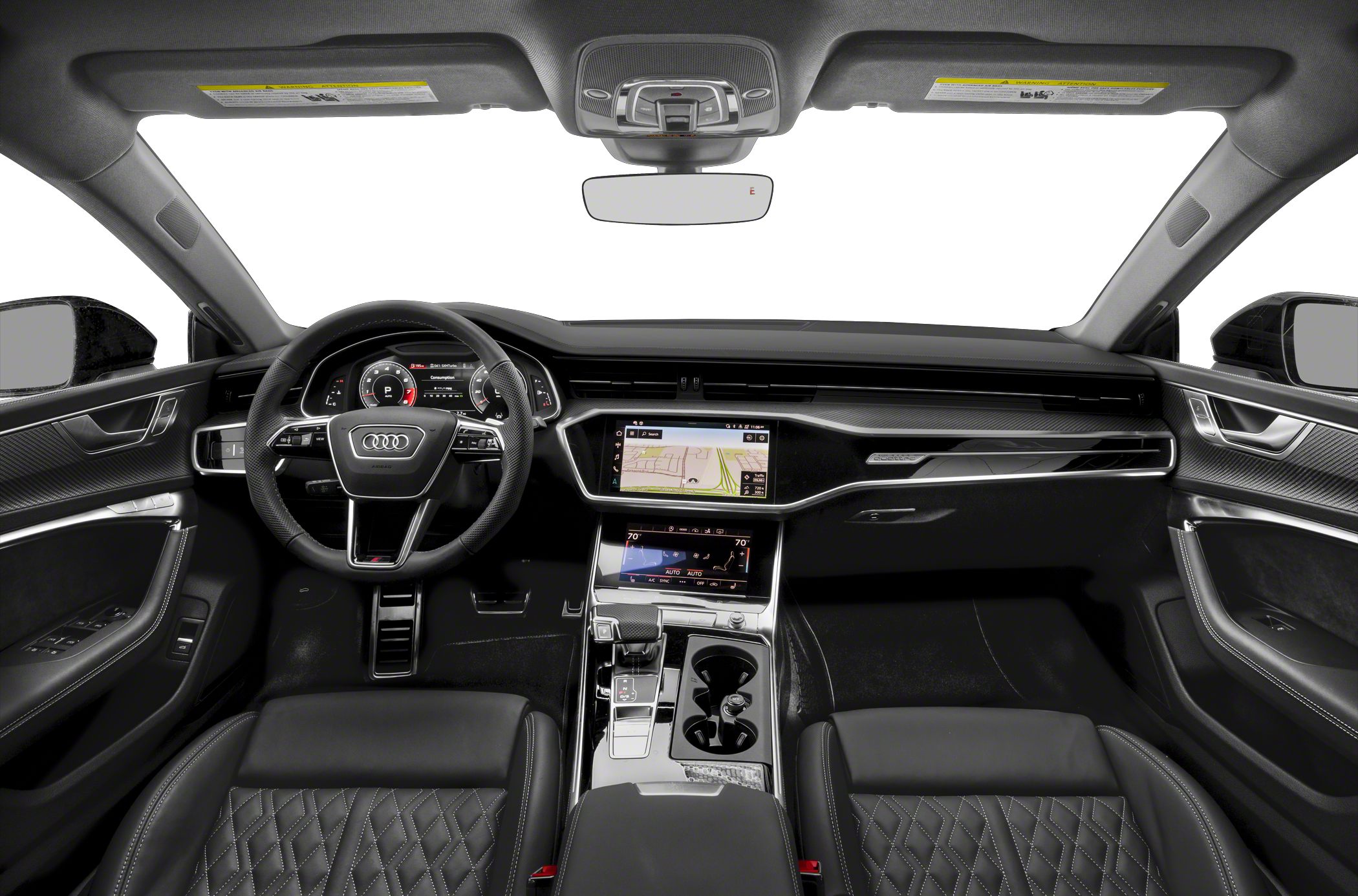 Digital dashboard, touchscreen center console, quilted leather seats, and steering wheel.
