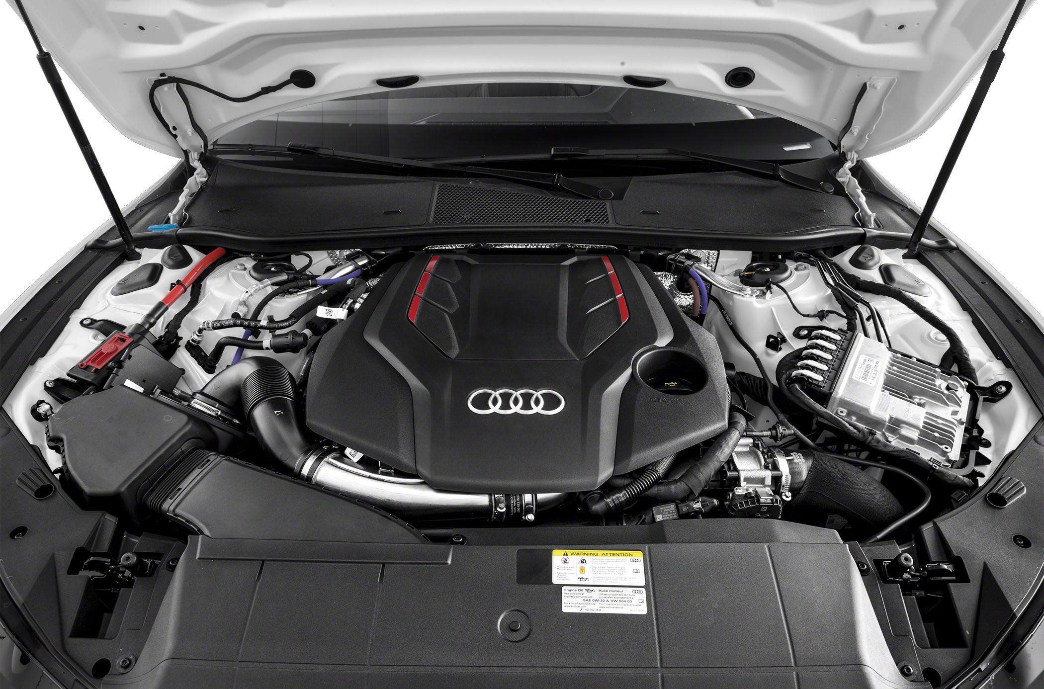 Modern engine bay with Audi logo and detailed engine cover