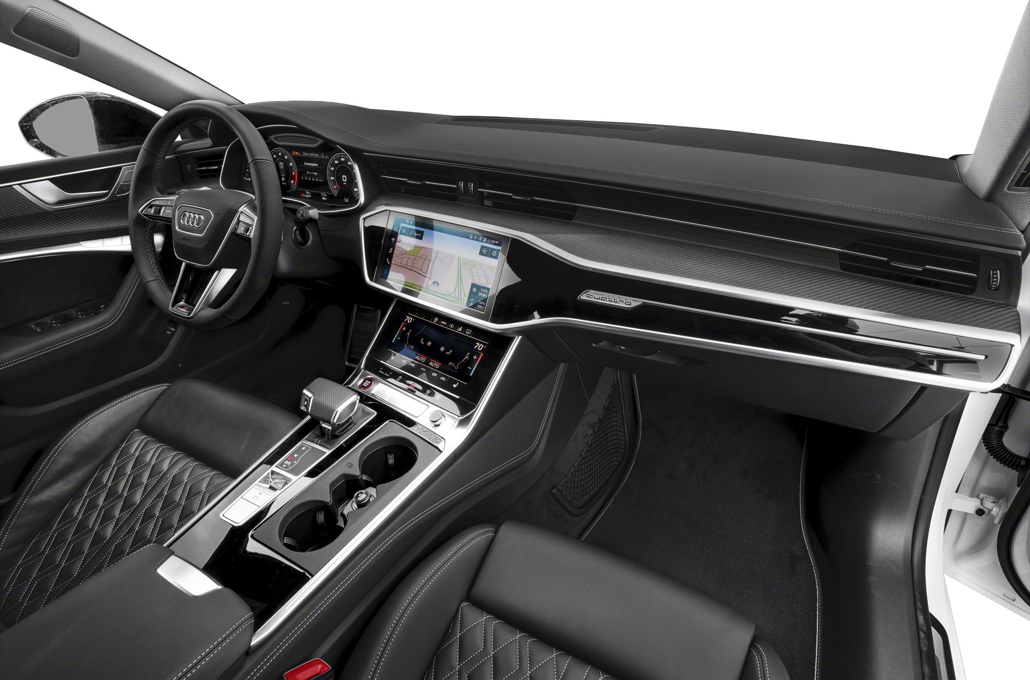 Luxury cockpit with digital displays and quilted leather seating