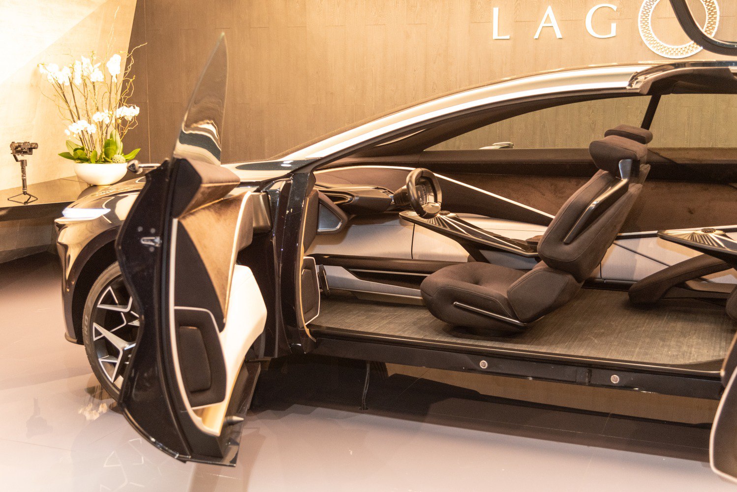 Futuristic car interior with unique seat and dashboard design.