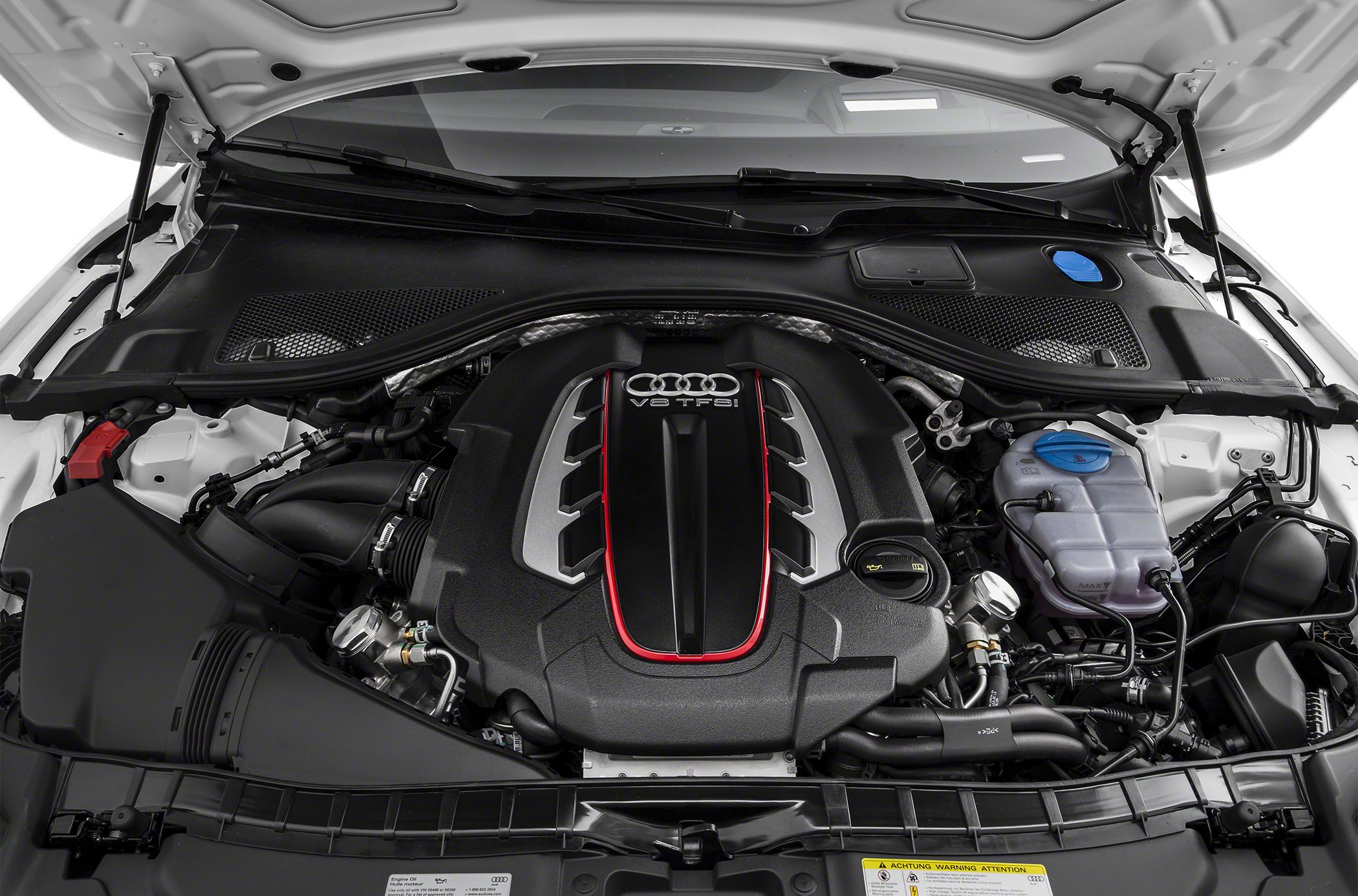 Close-up of V8 TFSI engine bay with detailed components and layout