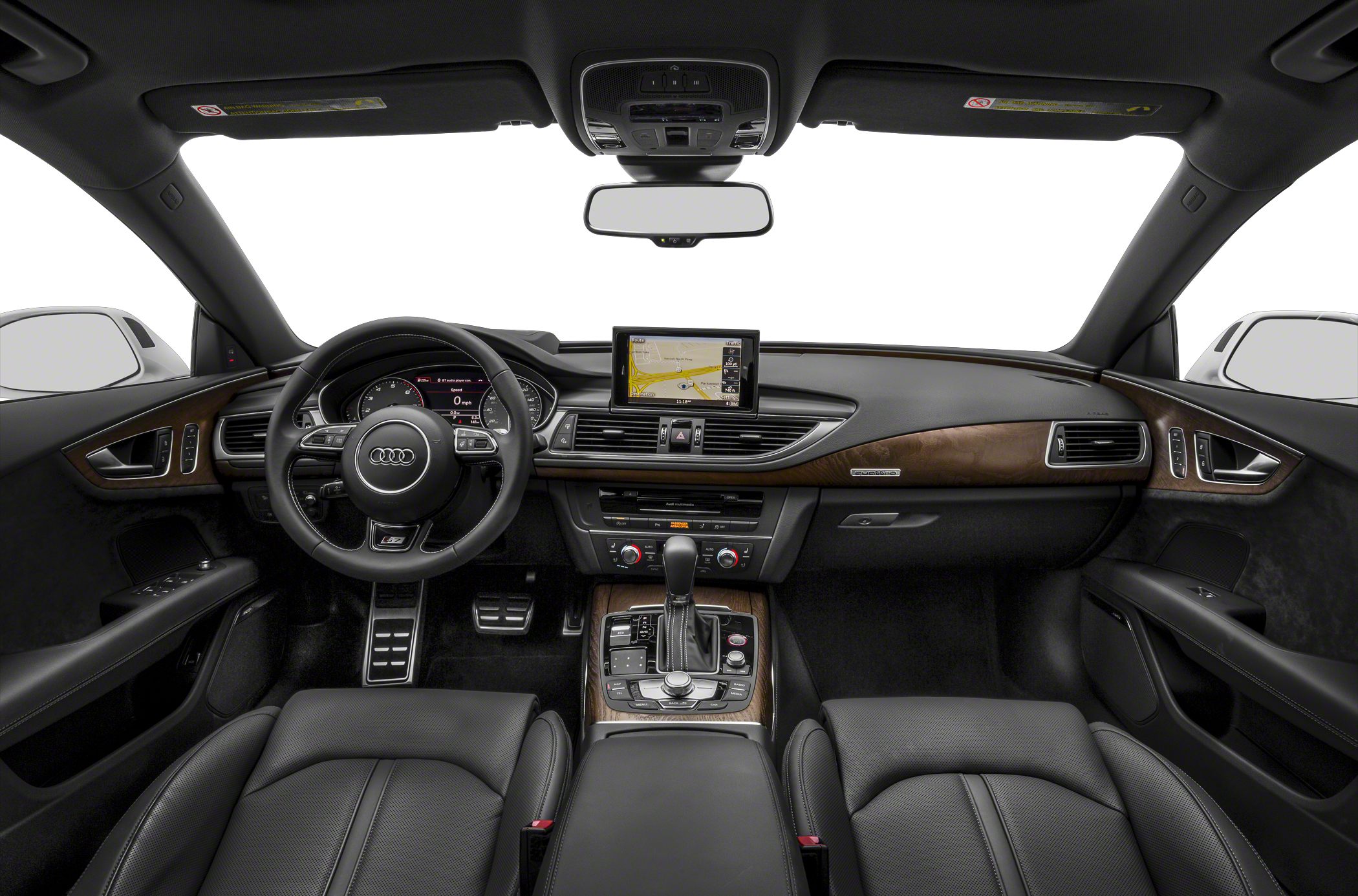 Luxury interior with leather seats, wood trim, and infotainment display