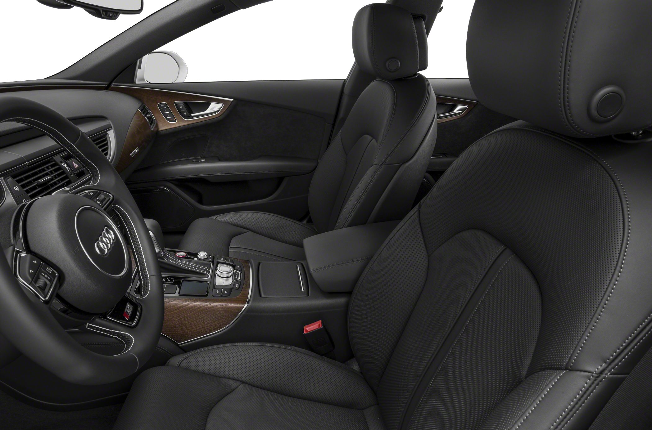 Black leather sport seats with wood trim and advanced control panel