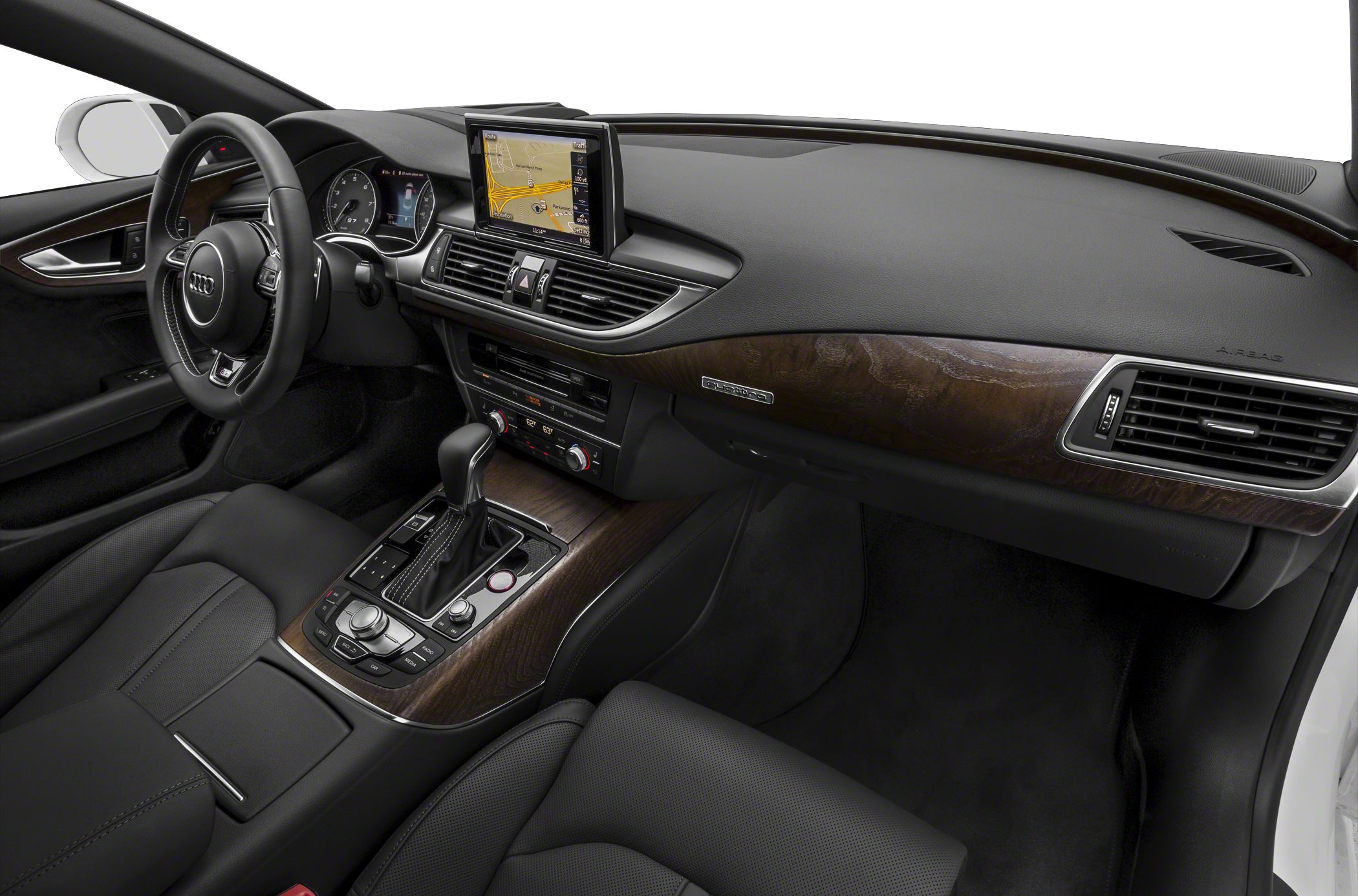 Dashboard, central display navigation, wood trim, automatic gear shifter