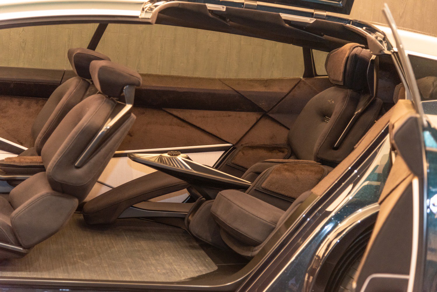 Futuristic, luxurious multi-seat car interior with advanced design