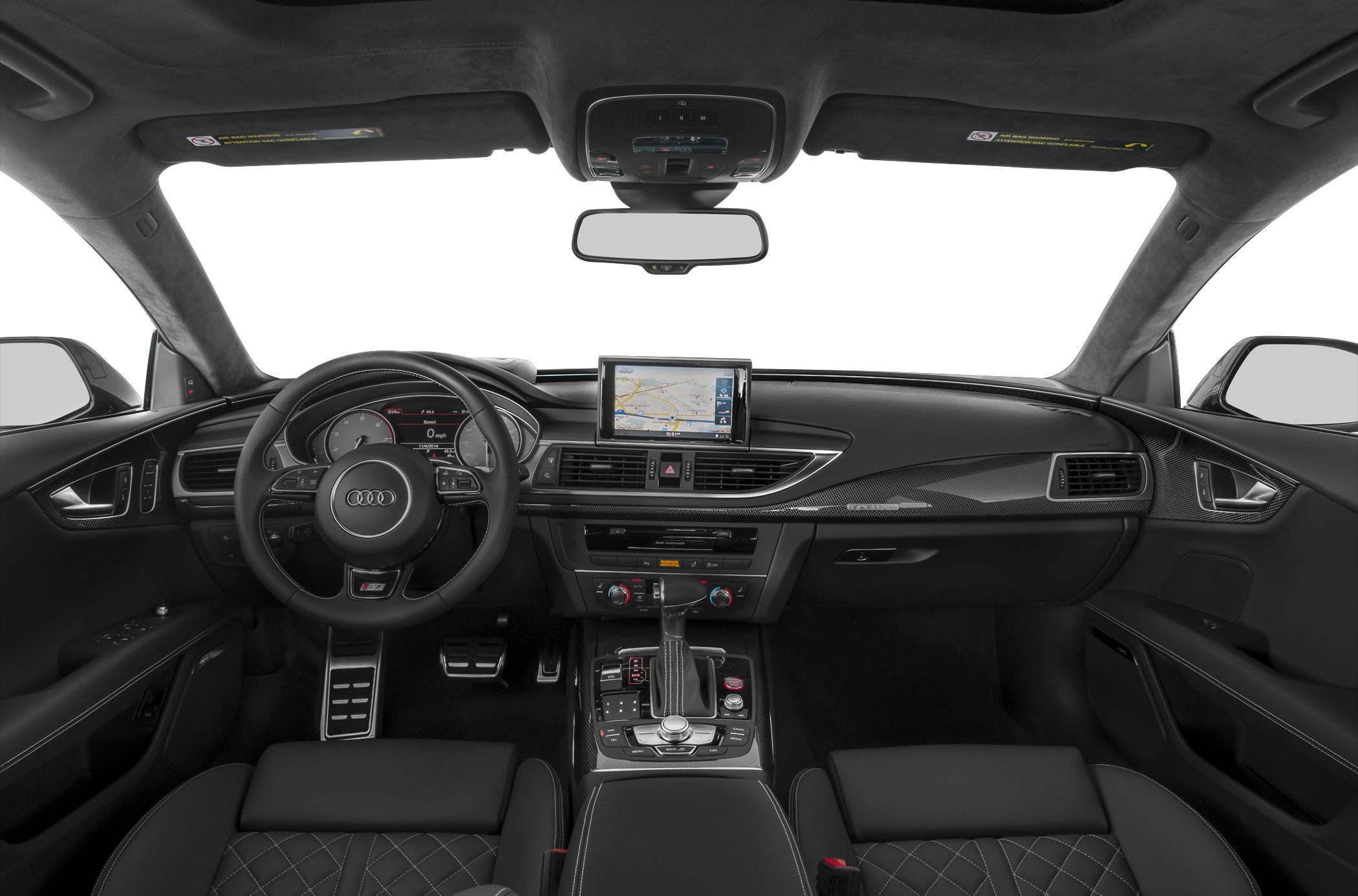 Dashboard, steering wheel, center console with navigation display and carbon trim
