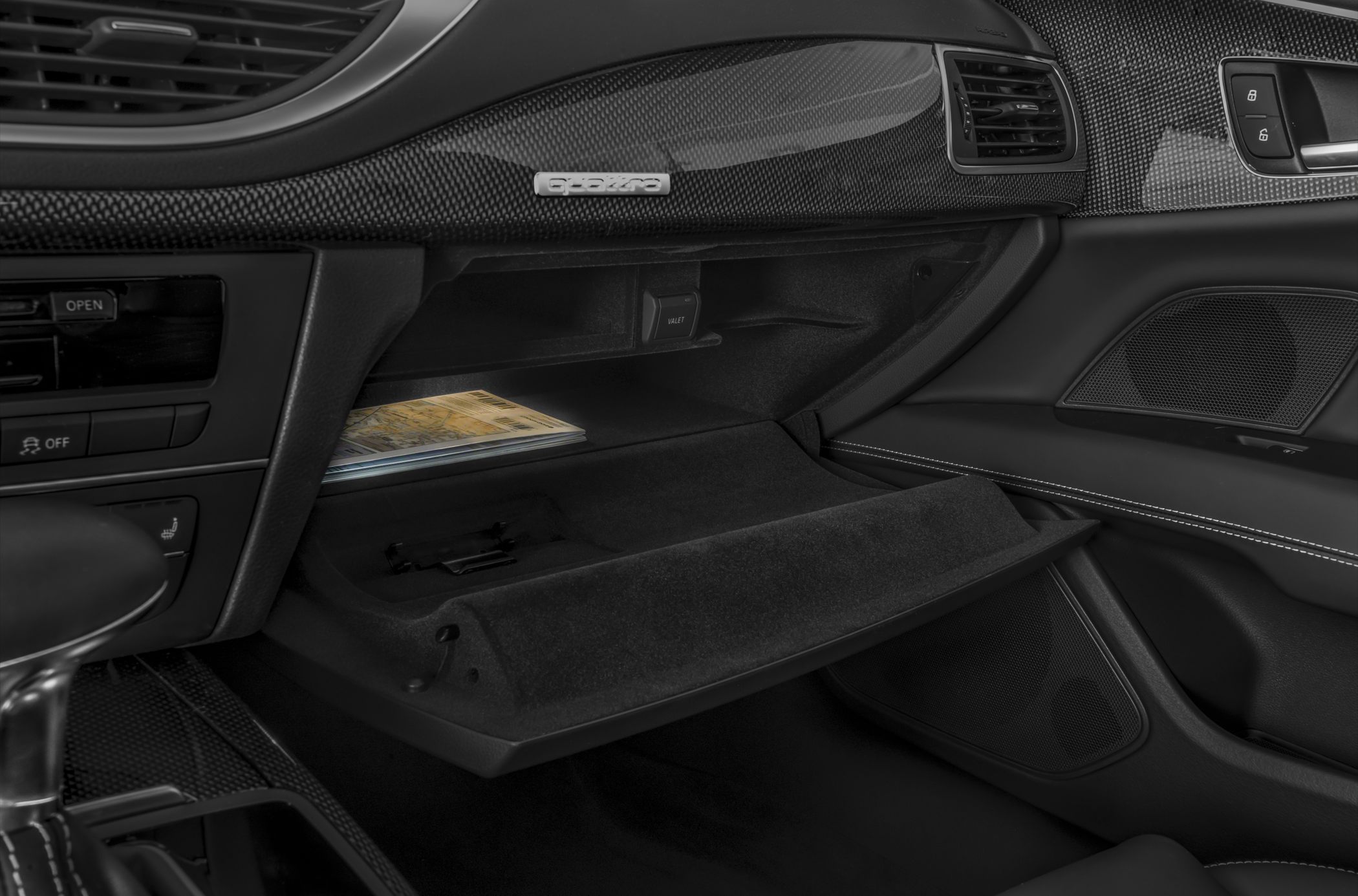 Interior glovebox and carbon fiber dashboard trim