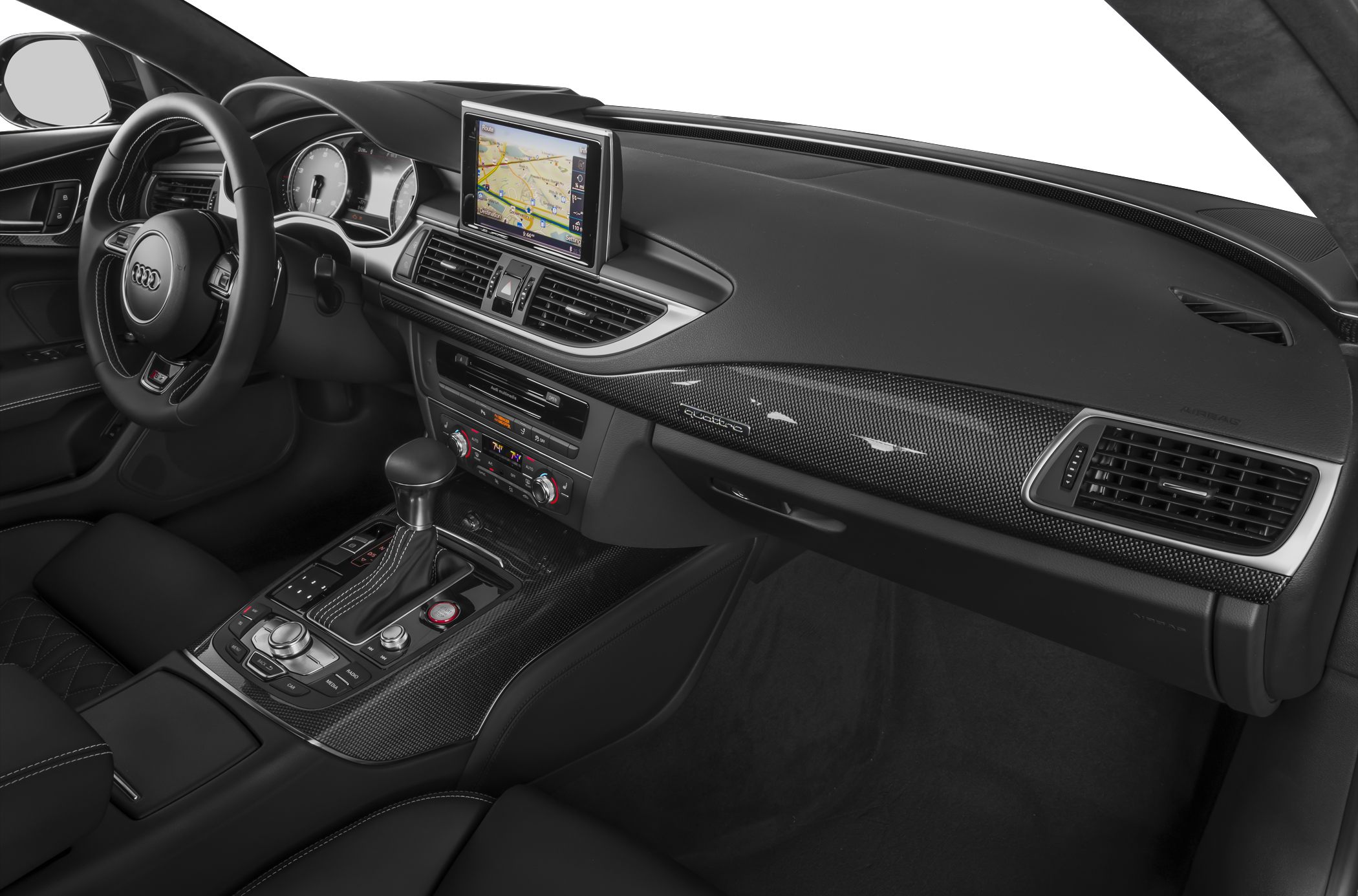 Luxury interior with carbon fiber trim and infotainment screen