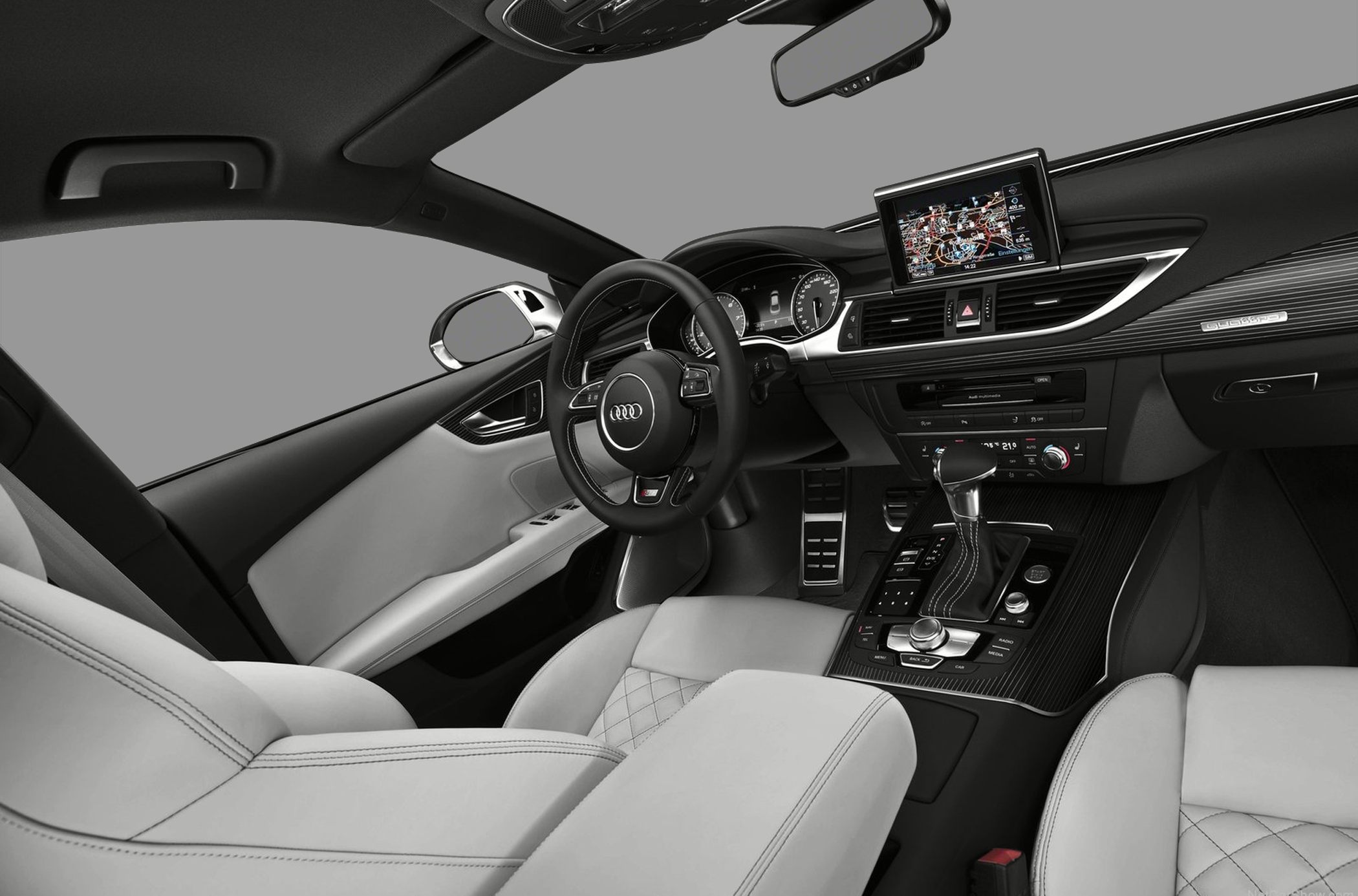 Luxury car interior with navigation display and leather seats