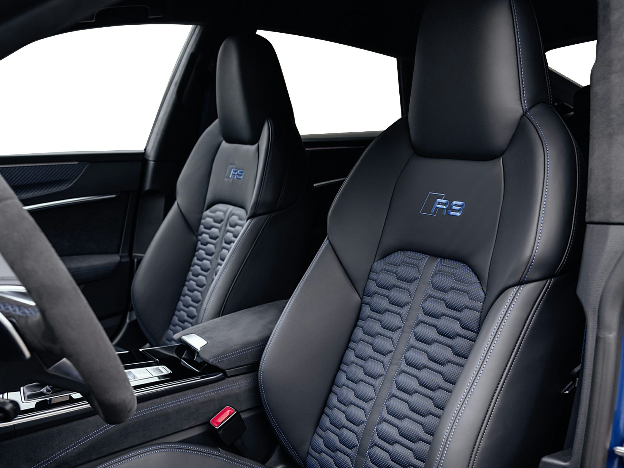 RS sport seats with hex pattern upholstery and blue stitching